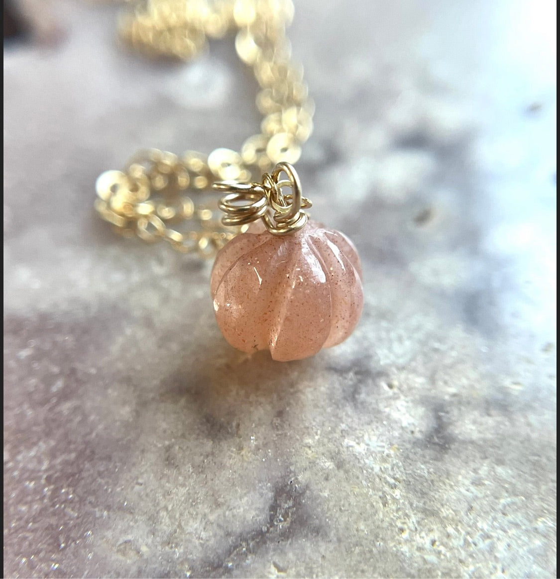 Pumpkin Charm Necklace with Peach Moonstone - Elegant Bohemian Jewelry for Women, Perfect for Halloween, Thanksgiving & Boho Fashion