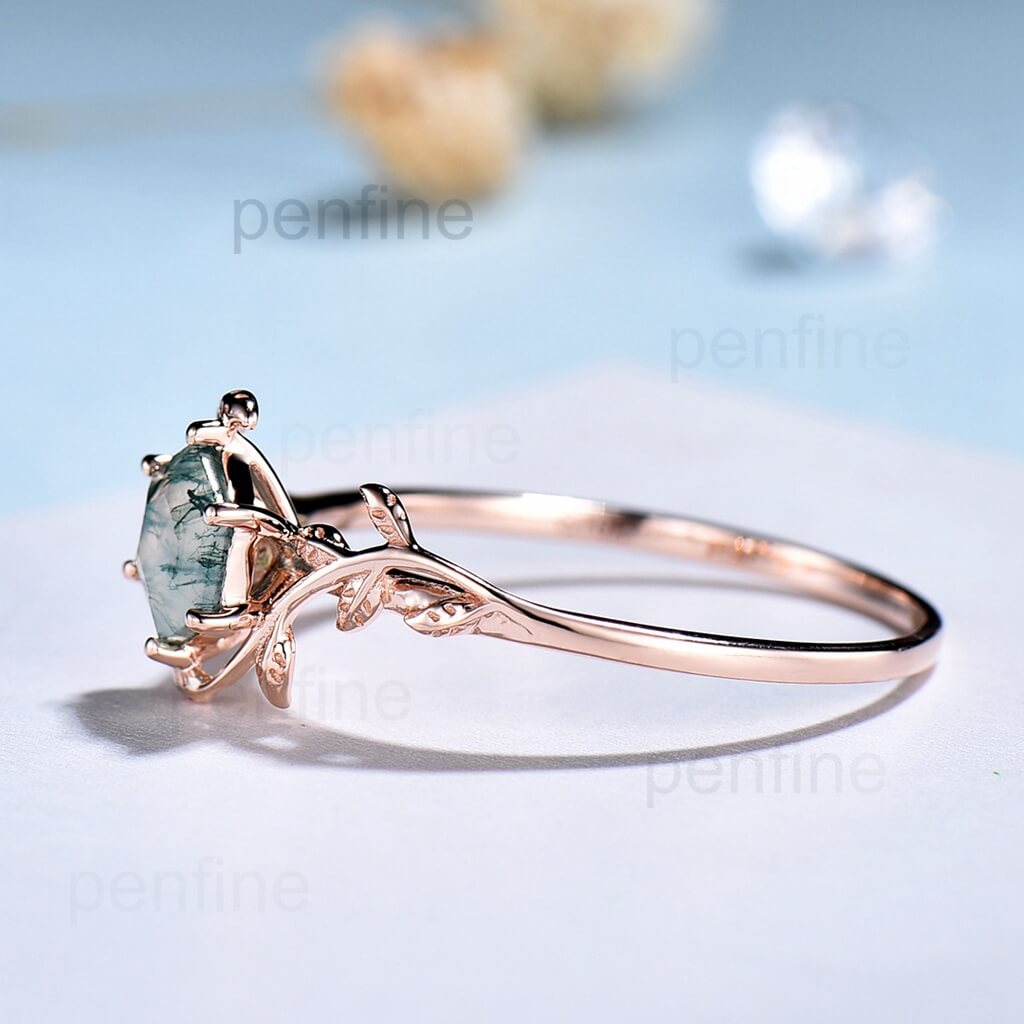 Hexagon Moss Agate Engagement Ring for Women - Solitaire Leaf Flower Design - Perfect for Wedding, Proposal & Anniversary Gifts