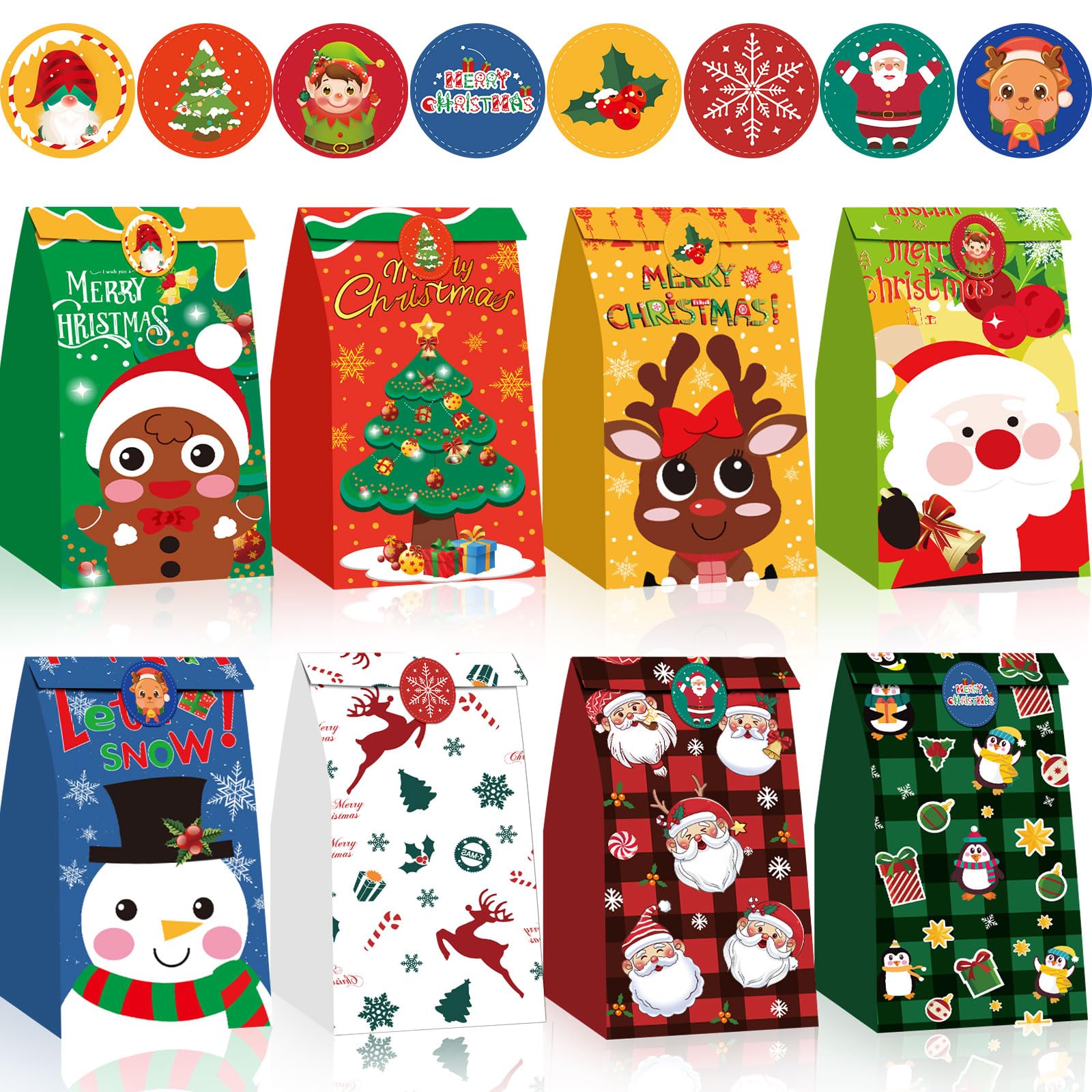 FEBSNOW 40-Pack Christmas Gift Bags with Stickers - Holiday Candy Treat Bags for Kids, Xmas Cookie Wrapping, Party Favors & Craft Paper Bags - Perfect for Christmas Parties, School Events & Gift Exchanges