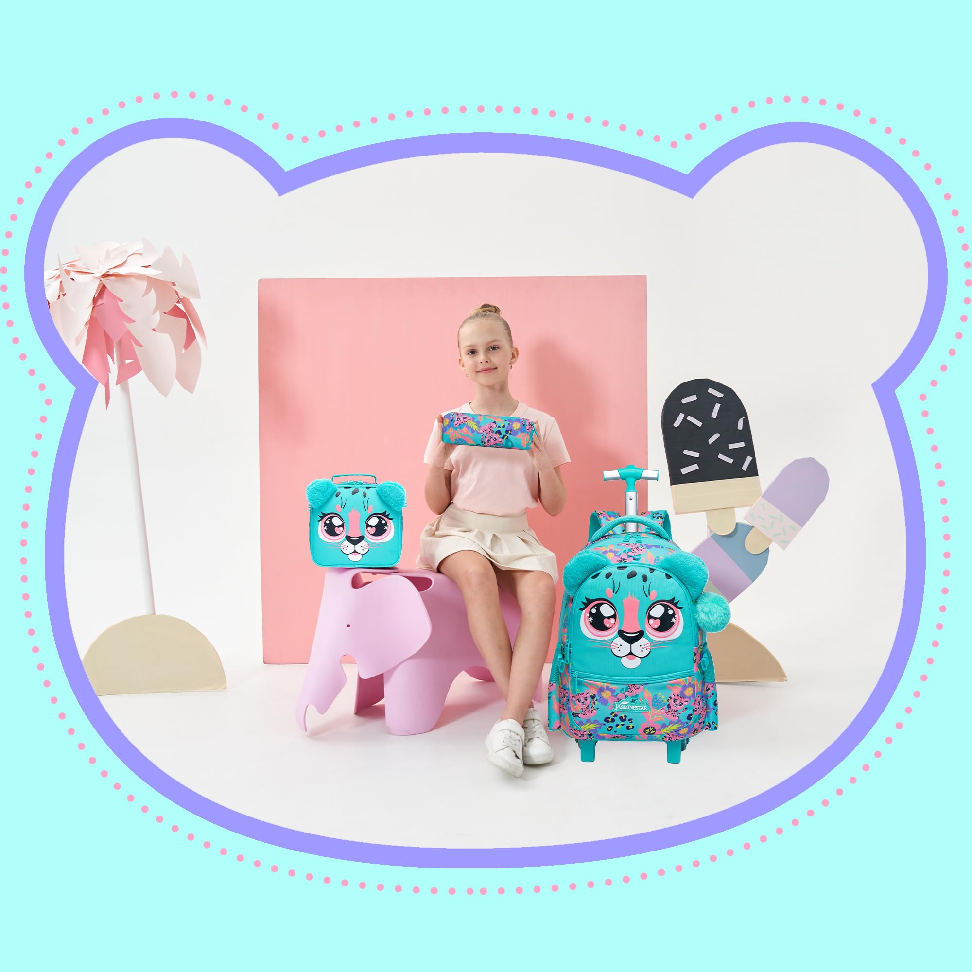 Rolling Backpack for Girls Age 8-10 - 3 in 1 Wheeled School Backpack with Lunch Box & Pencil Case - Lightweight Travel Luggage for Elementary Students - Perfect for School, Travel & Daily Use
