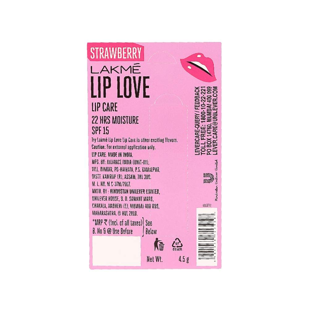 LAKMÉ Lip Love Chapstick Strawberry Flavor 4.5g - Moisturizing Lip Balm for Dry & Chapped Lips - Perfect for Winter Care, Daily Hydration & On-the-Go Use