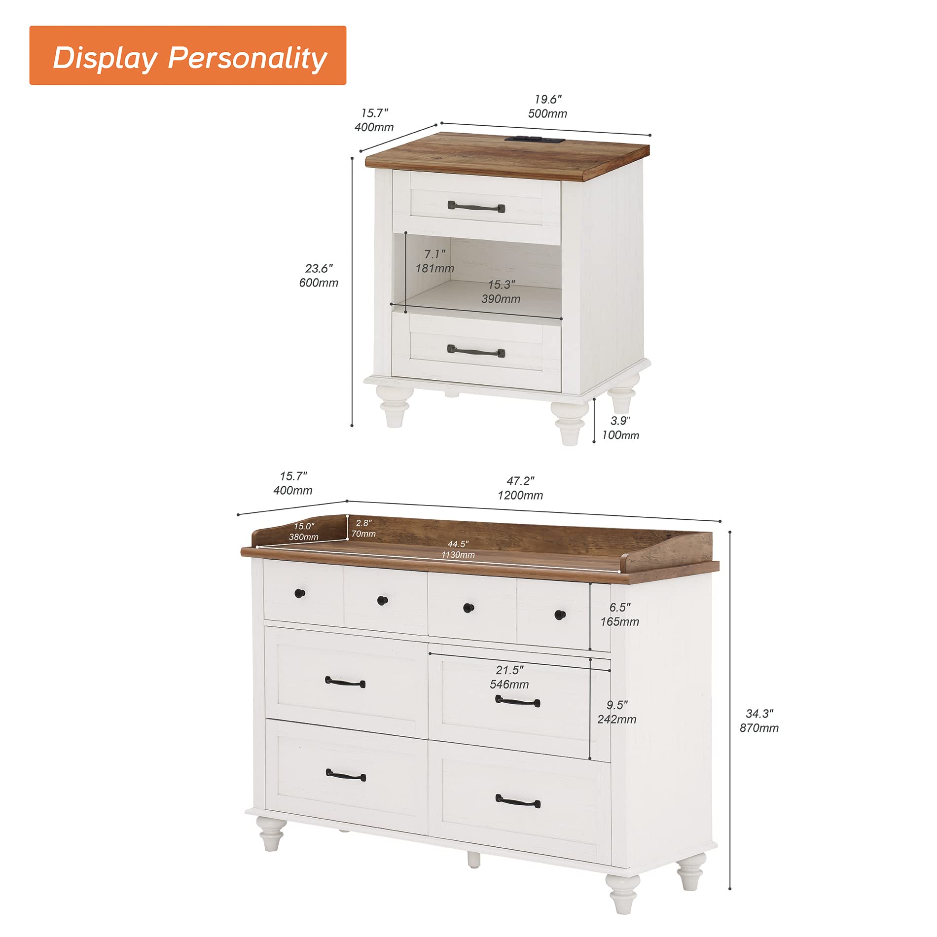 WAMPAT 2-Piece Mid-Century Modern Bedroom Set - 6-Drawer Dresser & Nightstand with Charging Station in White/Oak Finish | Perfect for Master Bedroom, Guest Room & Apartment Decor