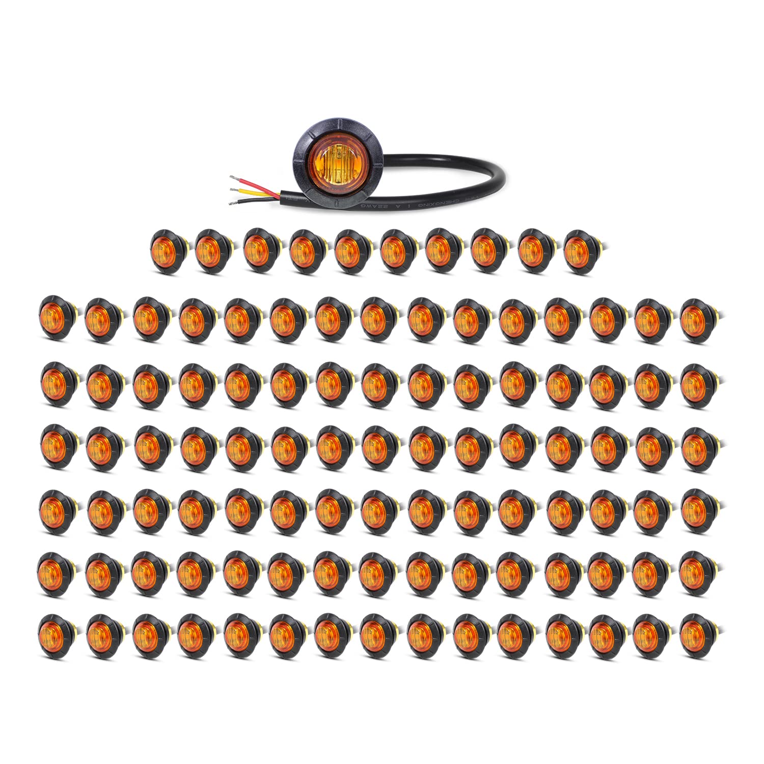 MADCATZ Meerkatt 3/4 Inch Round Amber LED Side Marker Lights - Ultra Bright SMD 2835, 12V DC Waterproof with Black Grommet for Trailers, Vans, Trucks (Pack of 100) - Perfect for Vehicle Safety Lighting and Road Visibility
