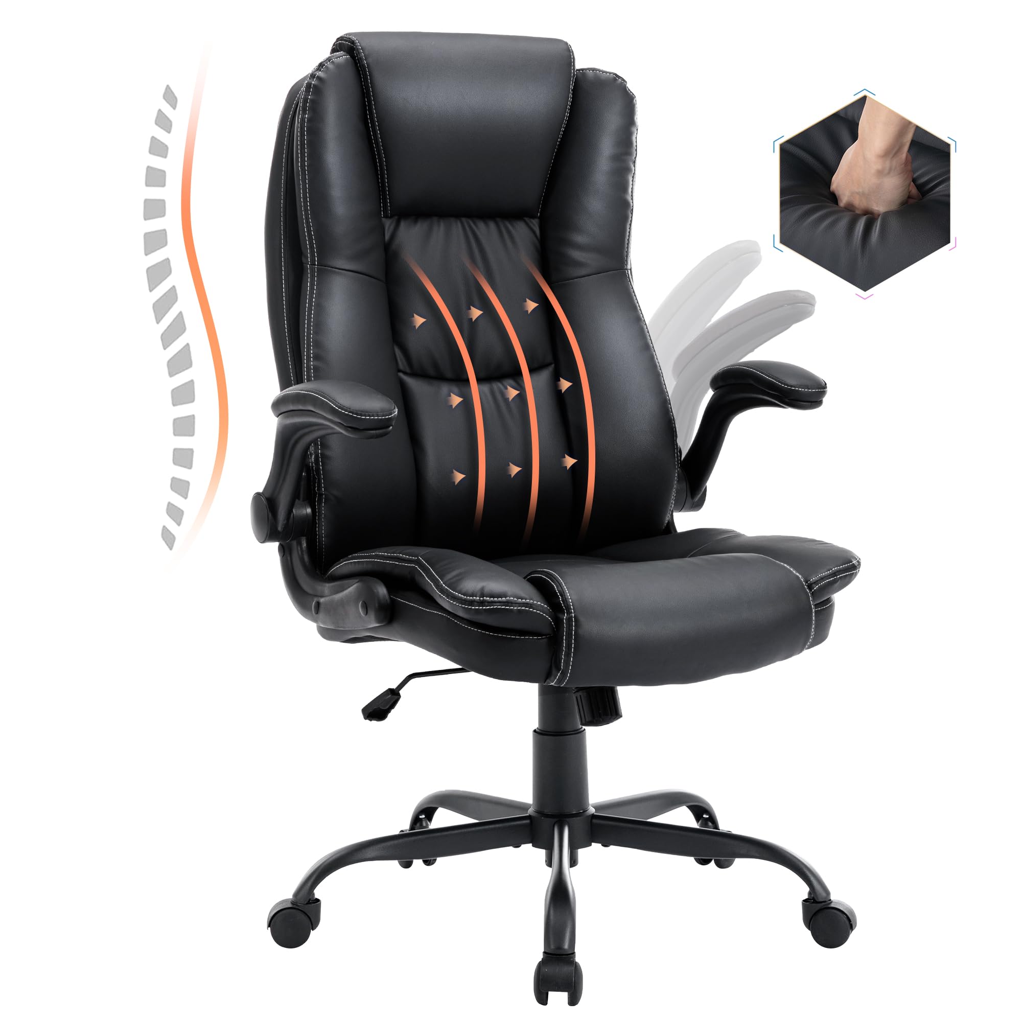 Premium High Back Leather Executive Office Chair - Ergonomic Home & Office Desk Chair with Flip-Up Arms, Lumbar Support & Wheels - Ideal for Long Work Hours, Gaming, and Professional Workspaces
