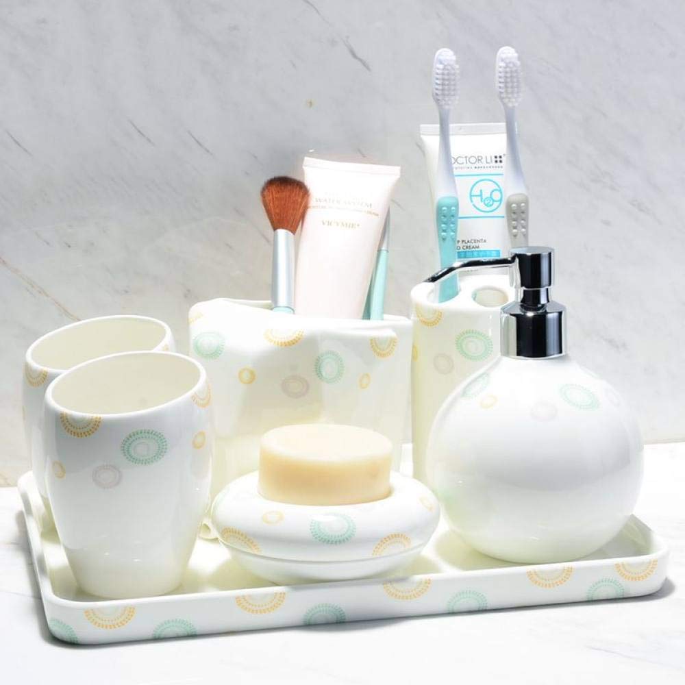 Vintage Ceramic Bathroom Accessories Set - 7 Piece Cartoon Yellow Green Circle White Soap Dispenser, 2 Tumblers, Storage Jar, Vanity Tray, Toothbrush Holder & Soap Dish | Bathroom Vanity Decor for Modern Home, Guest Bath & Apartment