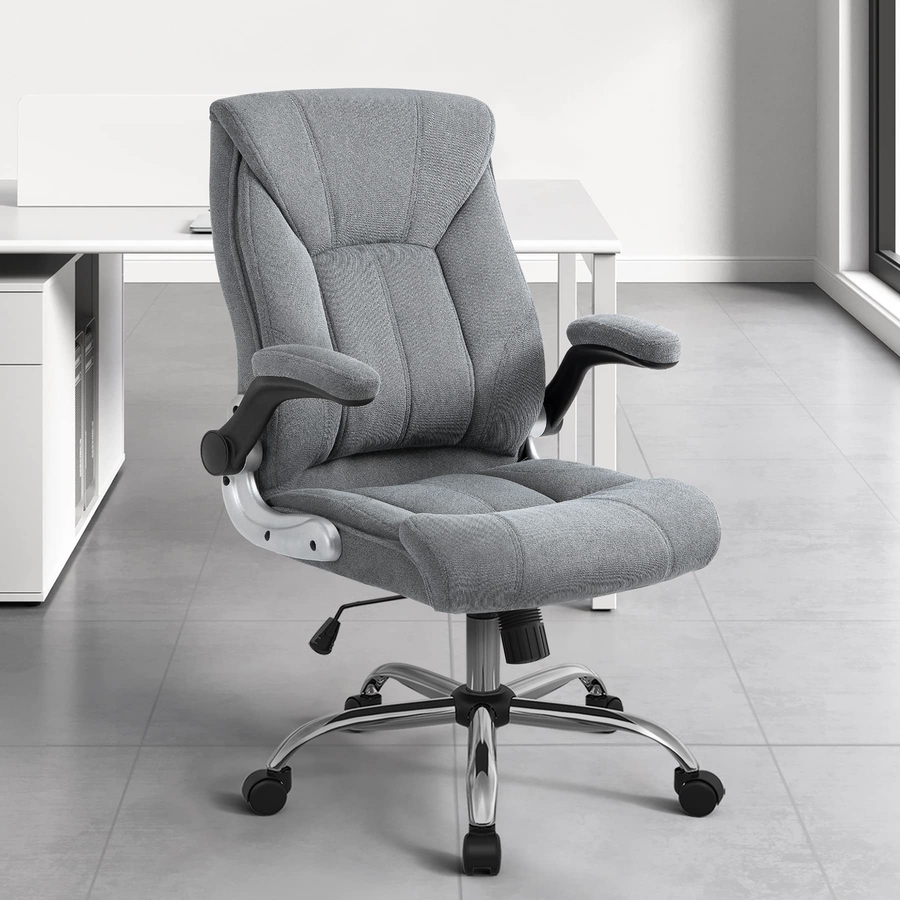 YAMASORO Ergonomic Executive Office Chair with Flip-Up Arms, Lumbar Support & Wheels - Comfortable Swivel Task Chair for Home & Office Workspace - Gray