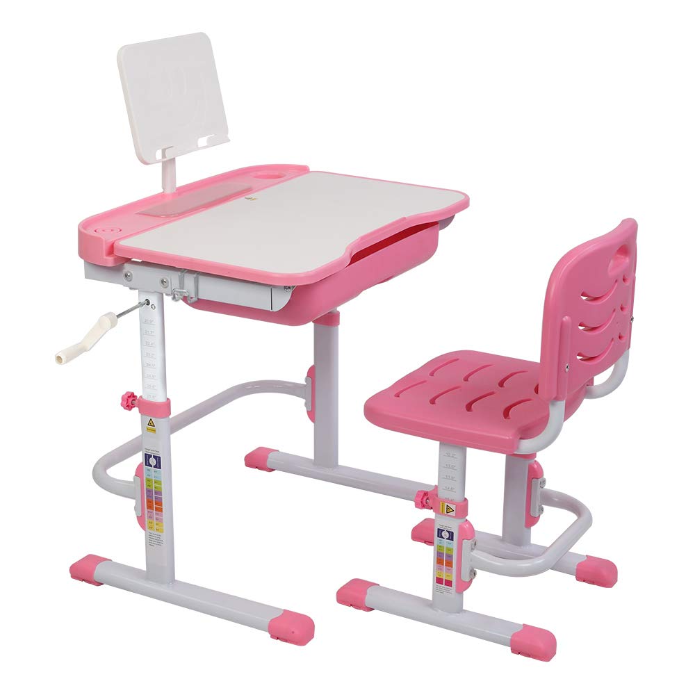 Hand-Operated Adjustable Height Kids Study Desk with Tilting Tabletop & Chair Set - Pink | Ergonomic Children's Learning Table for Homework, Drawing & Reading