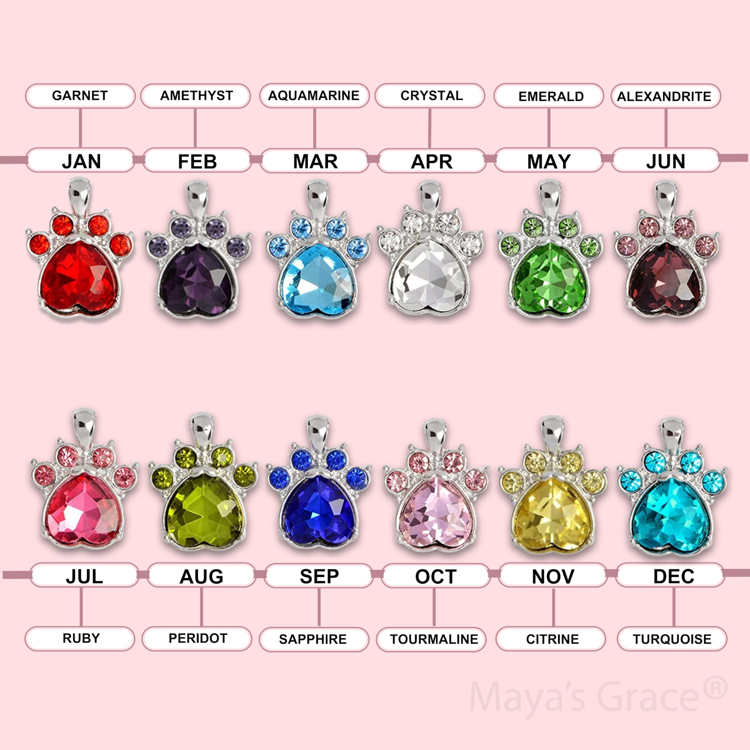 Maya's Grace Birthstone Paw Print Pendant Necklace for Women - Genuine Rhinestone & Gemstone Jewelry - Perfect Gift for Pet Lovers, Mothers Day, Birthday & Anniversary