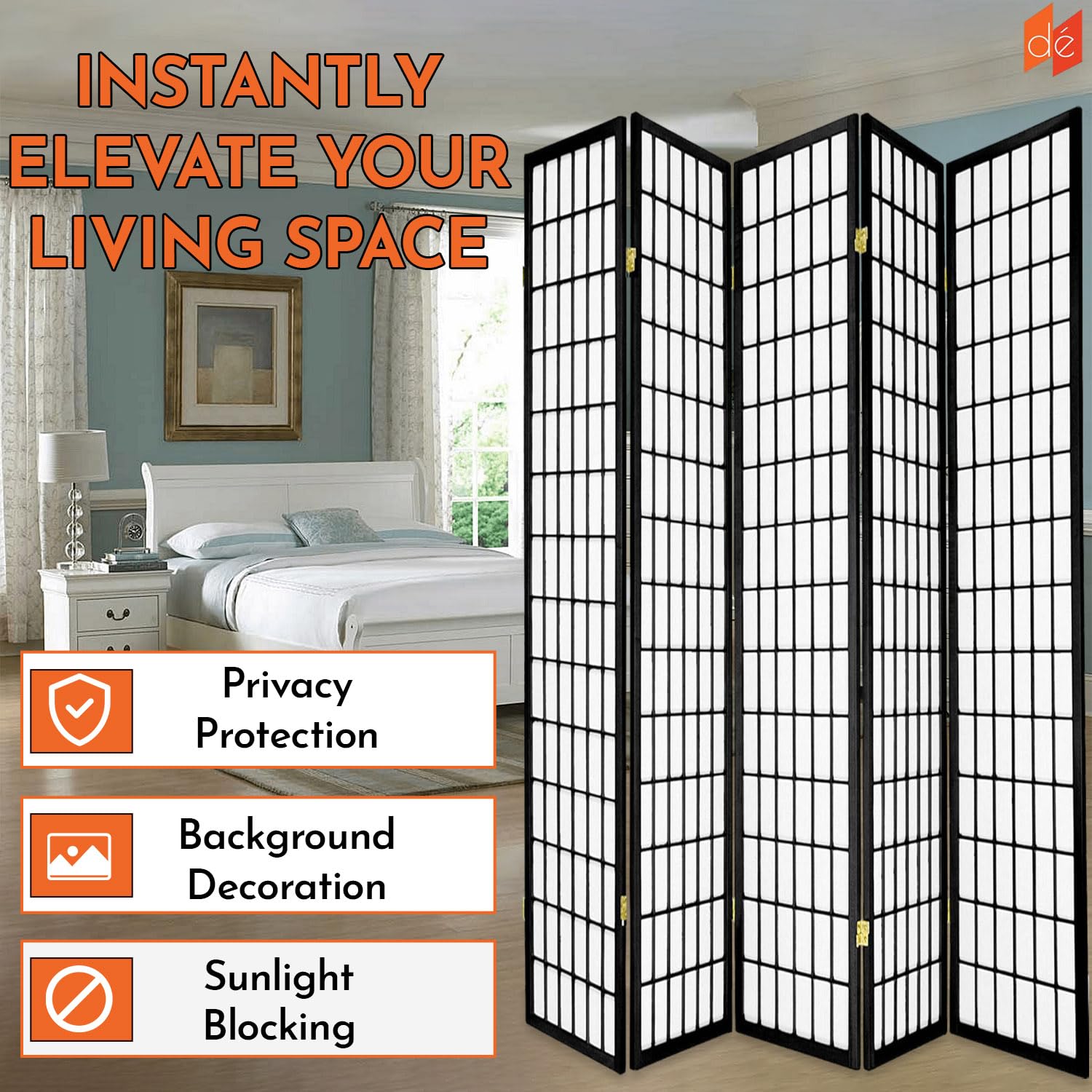 Legacy Decor 5-Panel Room Divider - 6ft Tall Portable Foldable Privacy Screen - Shoji Style Dressing Screen for Home Office & Studio - Freestanding Room Partition - Black | Perfect for Creating Private Spaces in Bedrooms, Living Rooms, and Workspaces