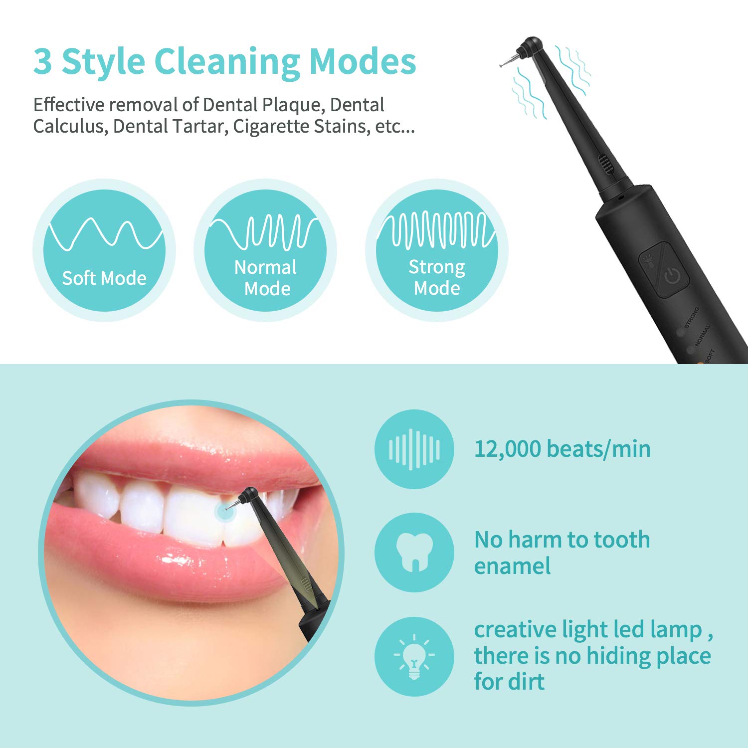 Portable Teeth Cleaner Kit with 3 Modes, LED Light & 2 Replaceable Heads - Electric Plaque Remover for Travel, Home & Dental Care - Whitening & Deep Cleaning Oral Hygiene Tool