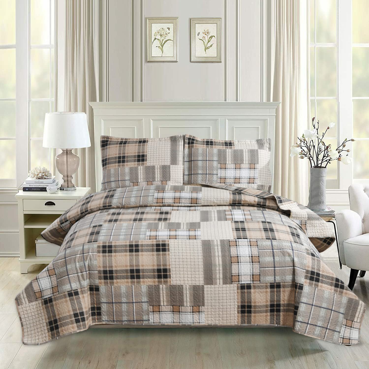 3 Pcs Plaid King Quilt Bedding Set - Lightweight Breathable Gingham Patchwork Coverlet with 2 Pillow Shams, Brown & Gray Checkered Bedspread for Summer | Perfect for Guest Rooms, Master Bedrooms & Cozy Home Decor