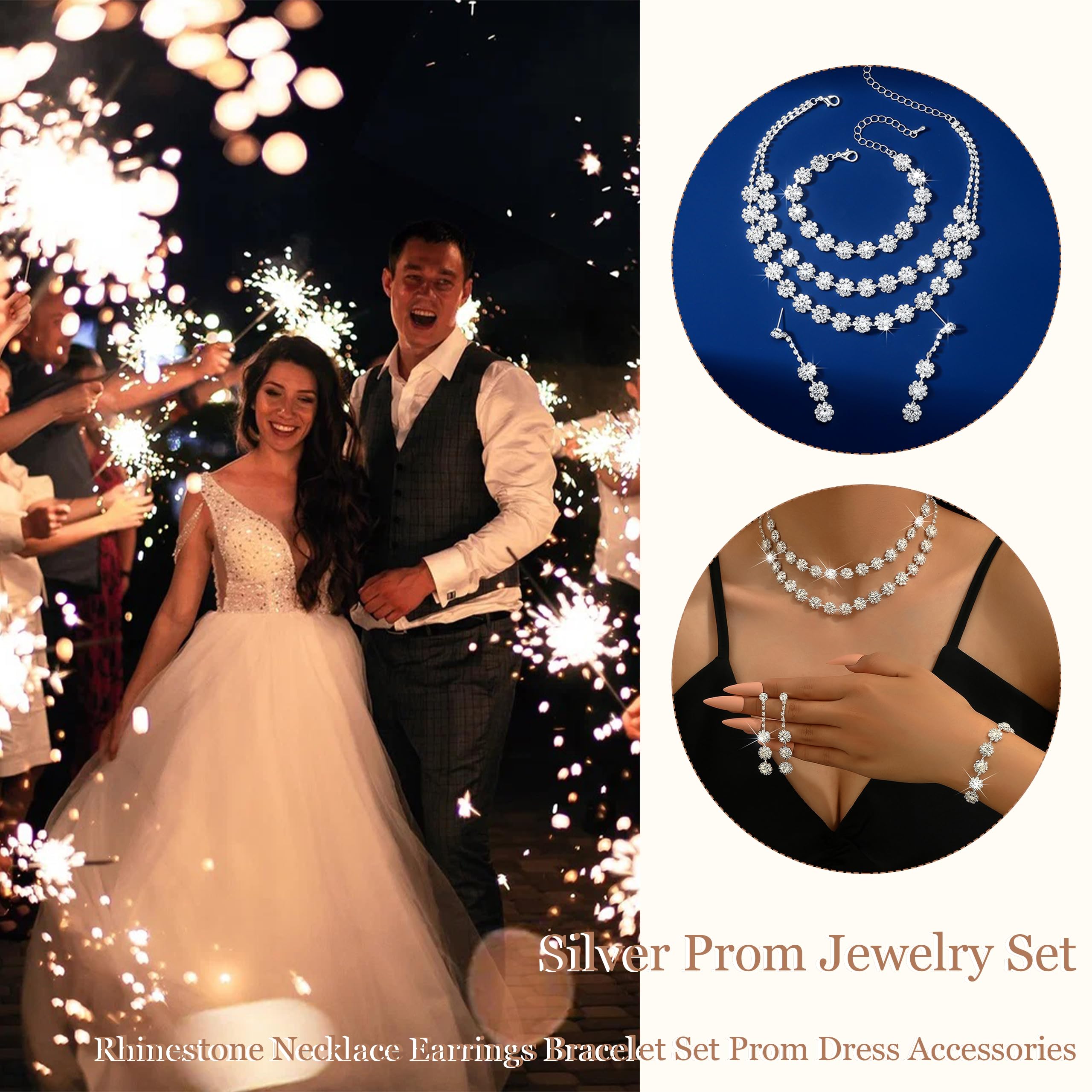 HUASAI Silver Rhinestone Jewelry Set for Women - Necklace, Earrings & Bracelet - Prom, Wedding, Party Dress Accessories - Perfect for Formal Events, Evening Gowns and Special Occasions