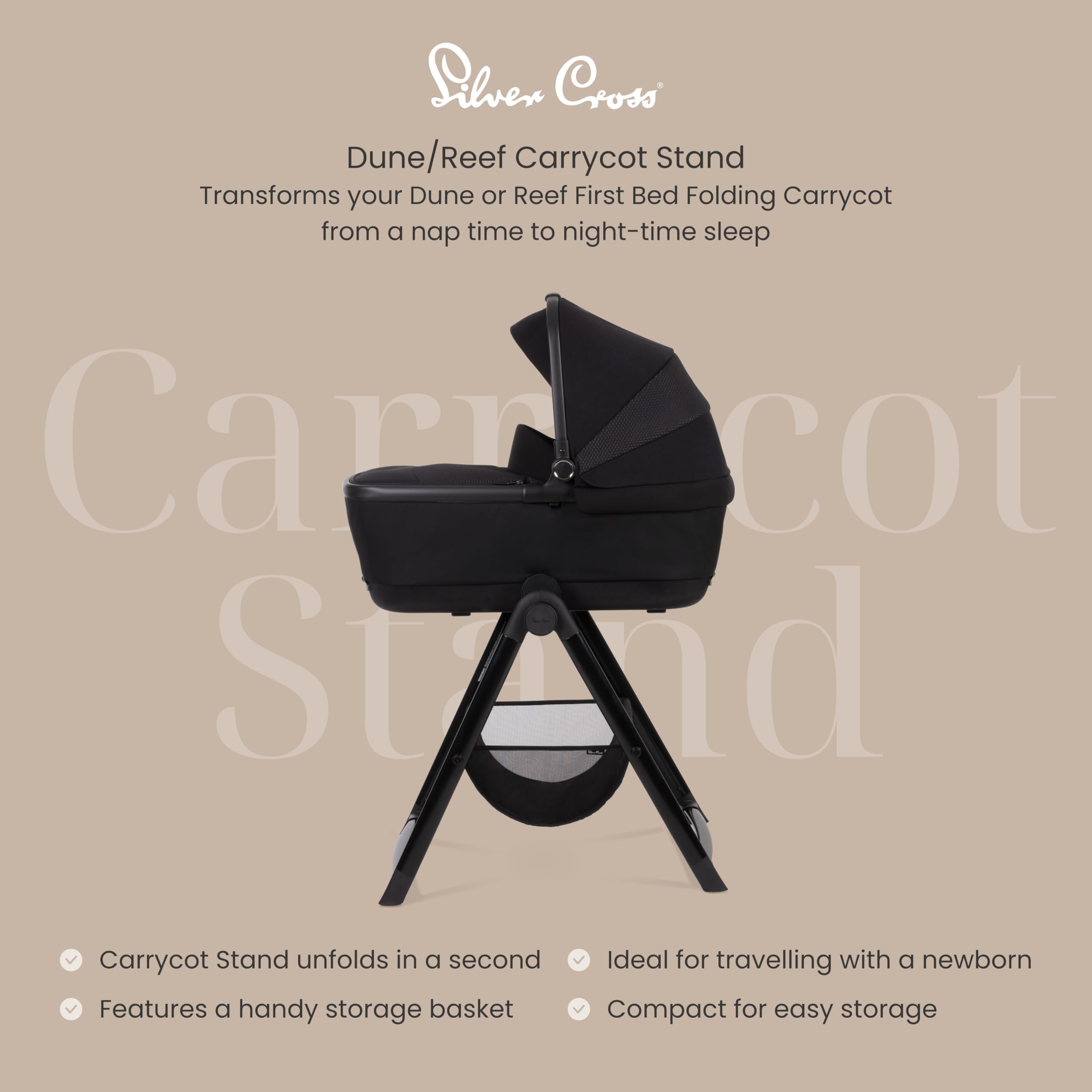 Silver Cross Dune & Reef Bassinet Stand - Portable Foldable Baby Bassinet with Storage Basket, Lightweight Travel Crib for Newborns - Perfect for Nursery, Bedroom & Travel - Black
