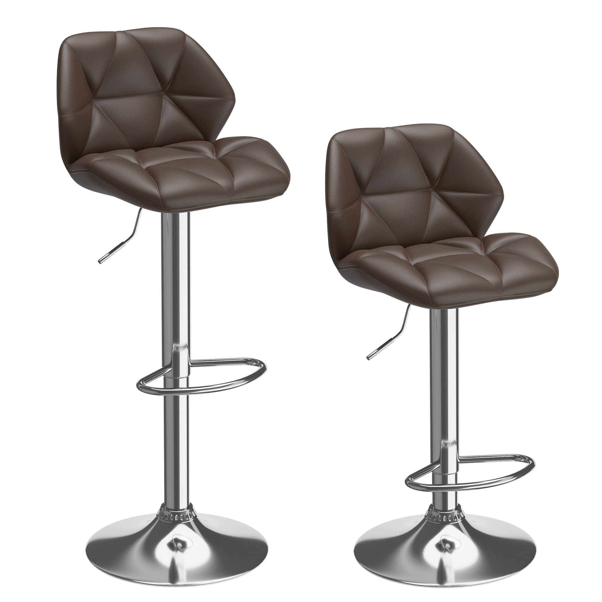 Vintage Adjustable Swivel Bar Stool Set of 2 - 24 to 32 Inch Height, Brown Faux Leather Diamond Padded Counter Stools for Kitchen Island, Breakfast Bar & Home Decor - Cozy Castle Bar Chairs
