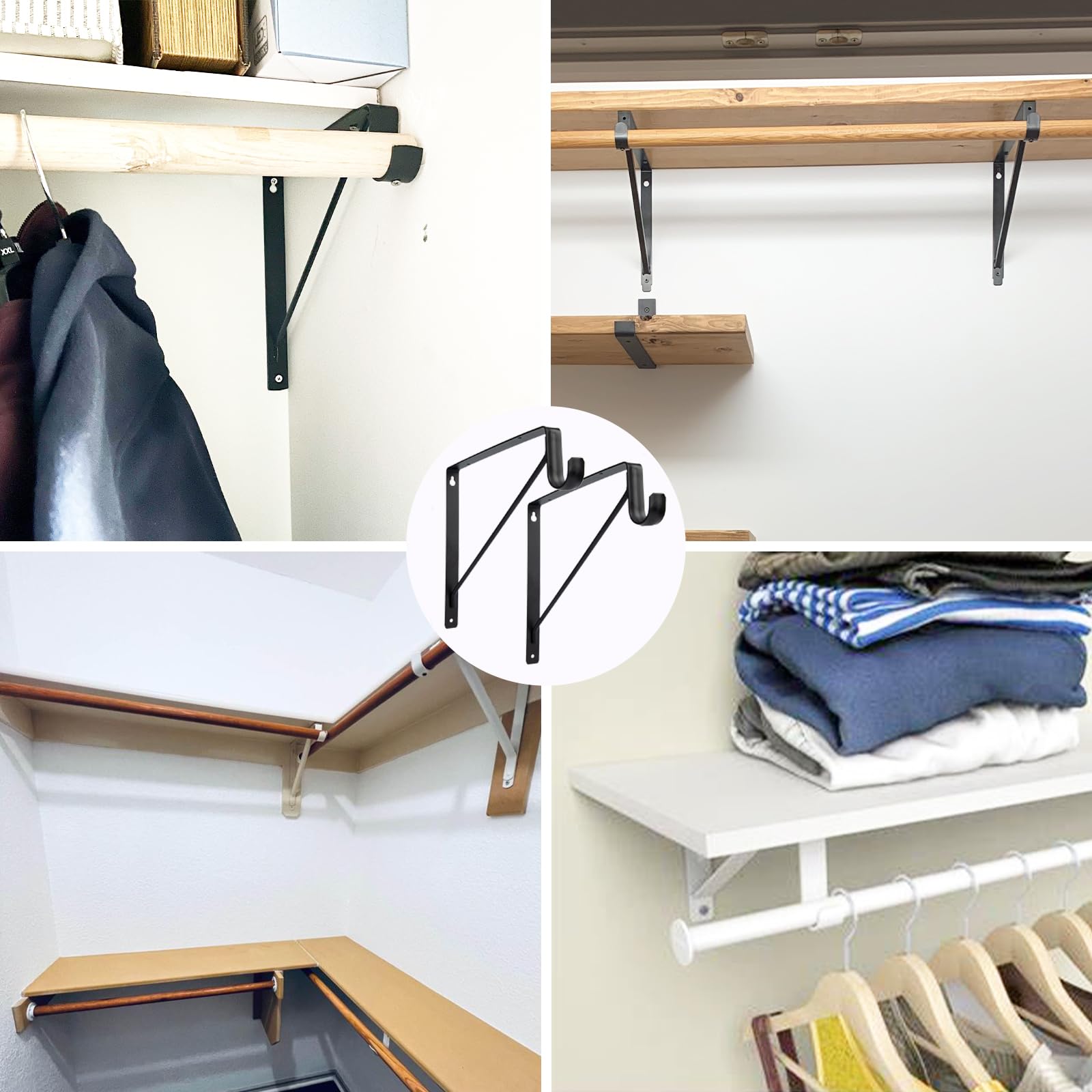 2 Pack Heavy Duty Closet Rod Brackets - Black Shelf & Rod Support for 1-3/8” Diameter Rods (10.8” x 10.8”) - Perfect for Closet Organization, Wardrobe Storage & Home Improvement Projects