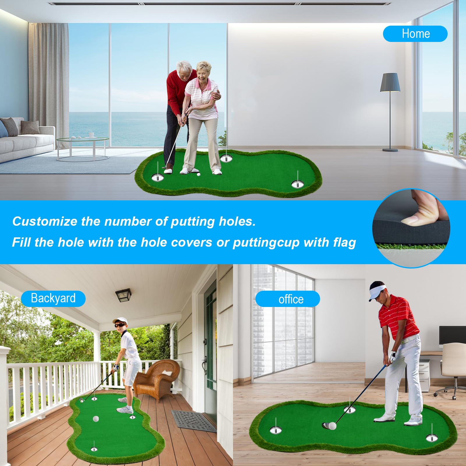 Premium Indoor/Outdoor Golf Putting Green Mat - 3 Holes with Challenge Cup & Flags - Practice Slope for Home Golf Simulators - Perfect for Backyard Training & Office Putting Practice