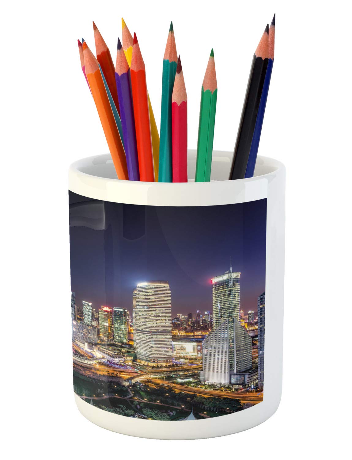 Ambesonne Urban Pencil Holder - Modern City Skyline Skyscraper Night View Design, Ceramic Desk Organizer for Office & Home Use | Perfect for Artists, Writers & Professionals