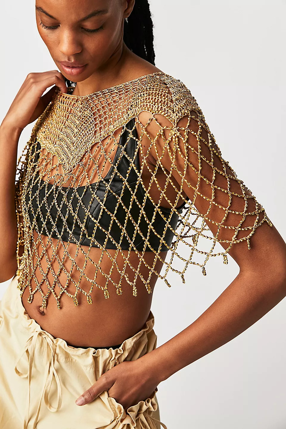 Elegant Gold Beaded Capelet Shawl for Women - Perfect for Weddings, Parties & Evening Events