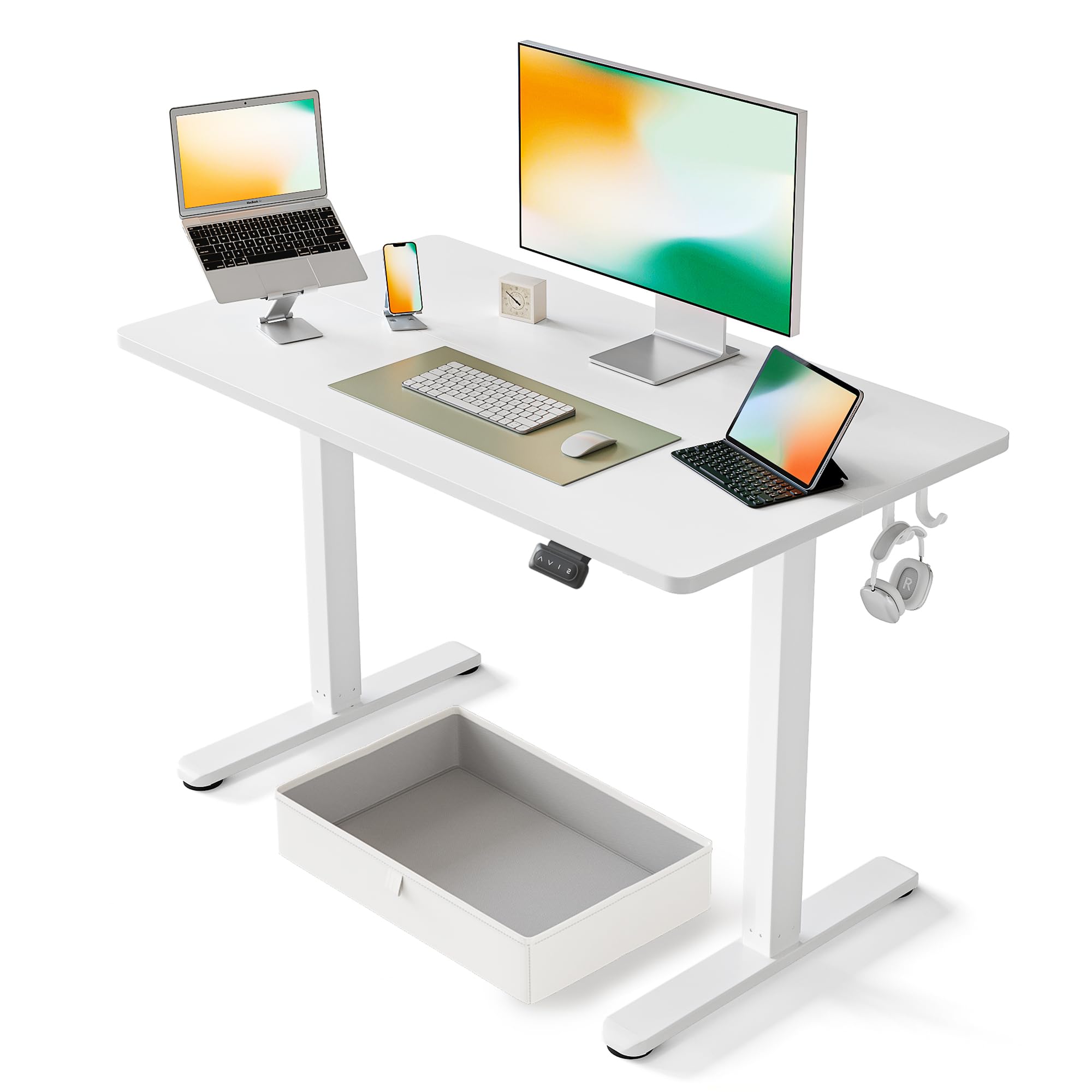 FEZIBO 40 x 24 Inches Electric Standing Desk with Drawer - Adjustable Height Sit Stand Desk with Storage for Home Office - Ergonomic White Computer Workstation (Perfect for Remote Work, Gaming & Study)