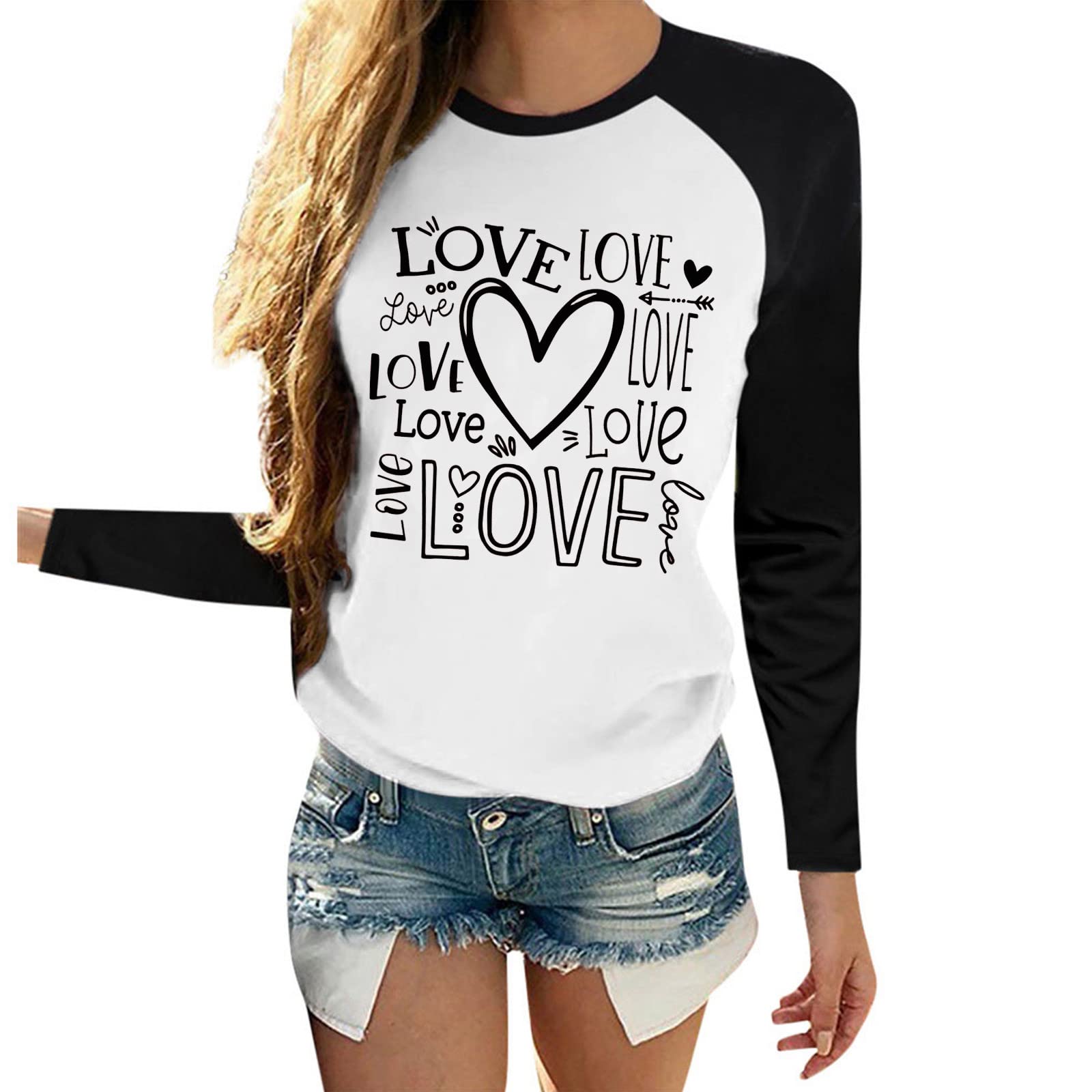 Valentine's Day Women's Love Letter Printed Long Sleeve Raglan T-Shirt - Romantic Heart Design Blouse Top for Casual Wear & Date Nights (Black, Size L)