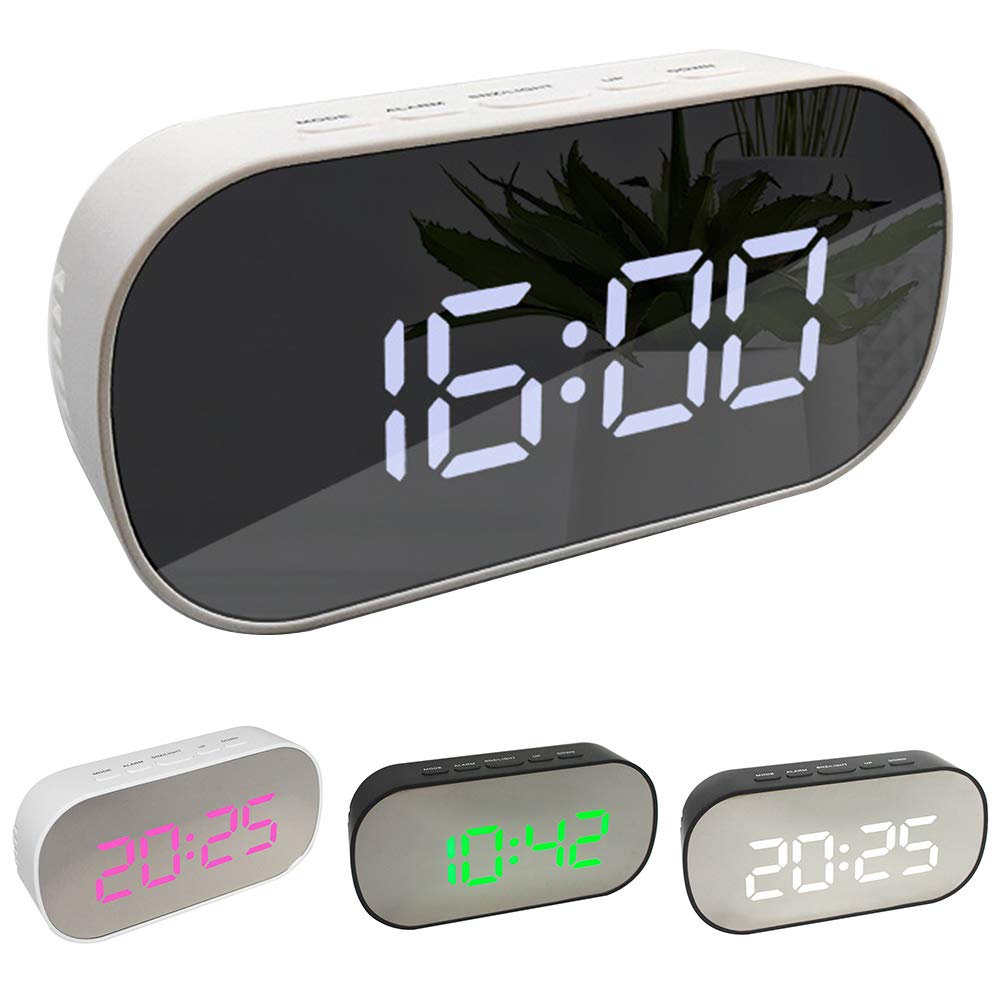 Newrys Digital Alarm Clock with Snooze & Projection - Portable Round Oval Desk Bedside Clock with Night Light & Makeup Mirror (Black + Green Light) - Perfect for Bedrooms, Travel, and Home Decor
