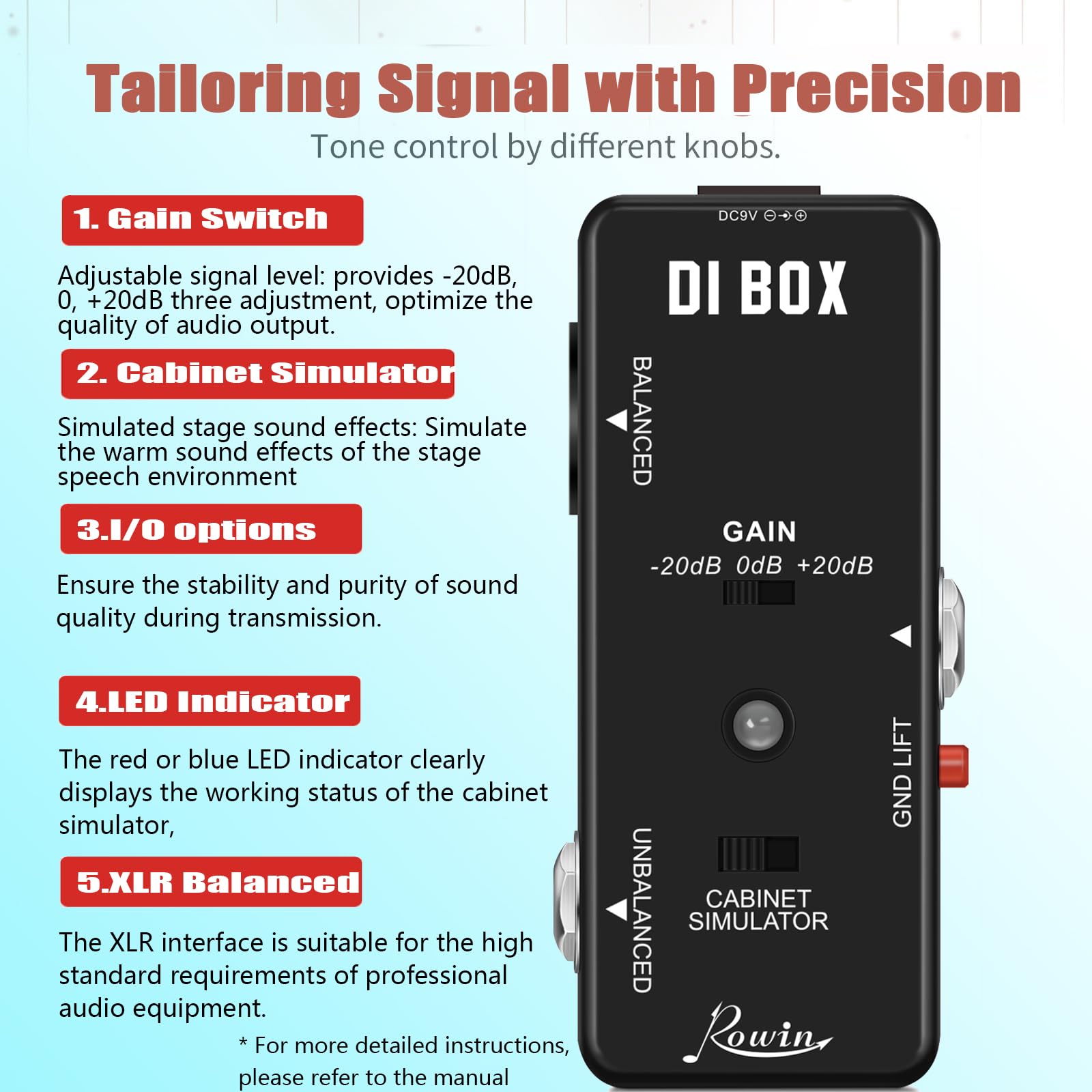 Rowin Passive DI Box for Guitar & Bass - Balanced/Unbalanced Direct Box Pedal for Live Performance & Studio Recording