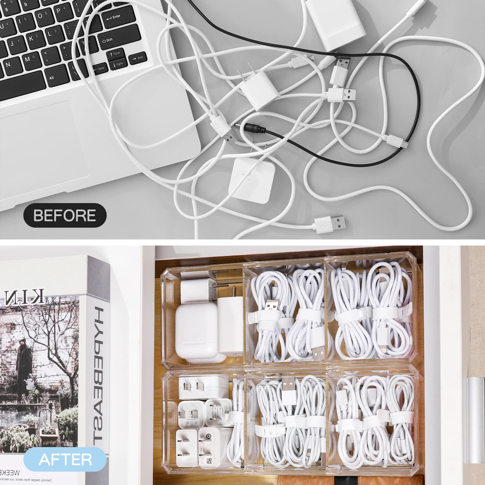 Yesesion Clear Plastic Cable Organizer Box with 10 Wire Ties - 3 Compartment Electronics Management Case for Desk Drawer, Power Cords & Office Supplies | Perfect for Home Office, School Stationery & Cable Storage Organization