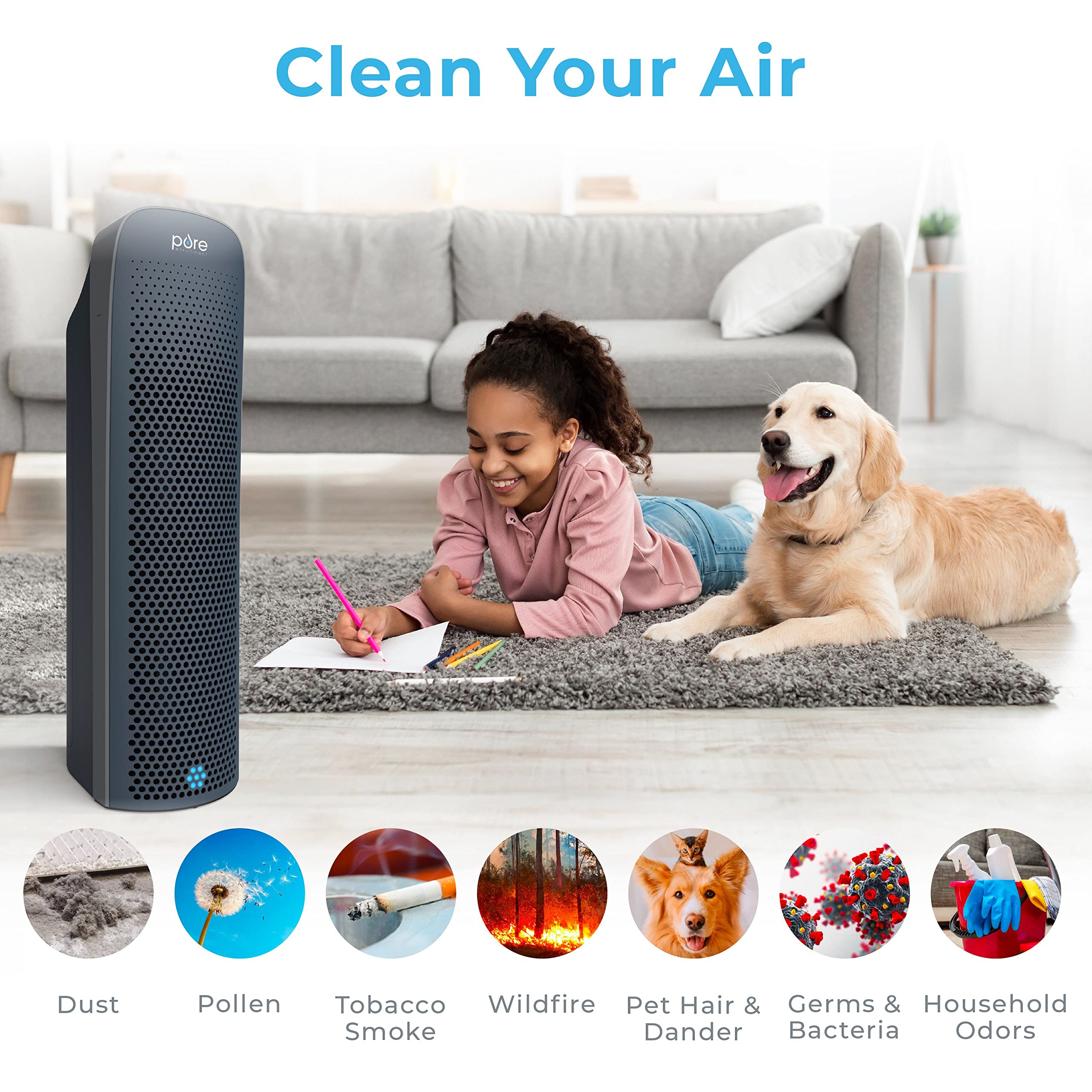Pure Enrichment PureZone Elite True HEPA Large Room Air Purifier with Air Quality Monitor - 4 Stage Filtration & UV-C Light - Eliminates Bacteria, Smoke, Pollen & Dust - Graphite - Perfect for Bedrooms, Living Rooms & Offices