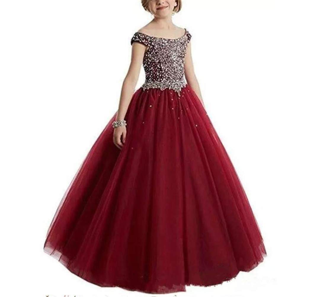 VeraQueen Girls Off Shoulder Beaded Pageant Dress - Cap Sleeve Ruffled Princess Ball Gown for Beauty Contest, Prom, Quinceañera & Special Occasions
