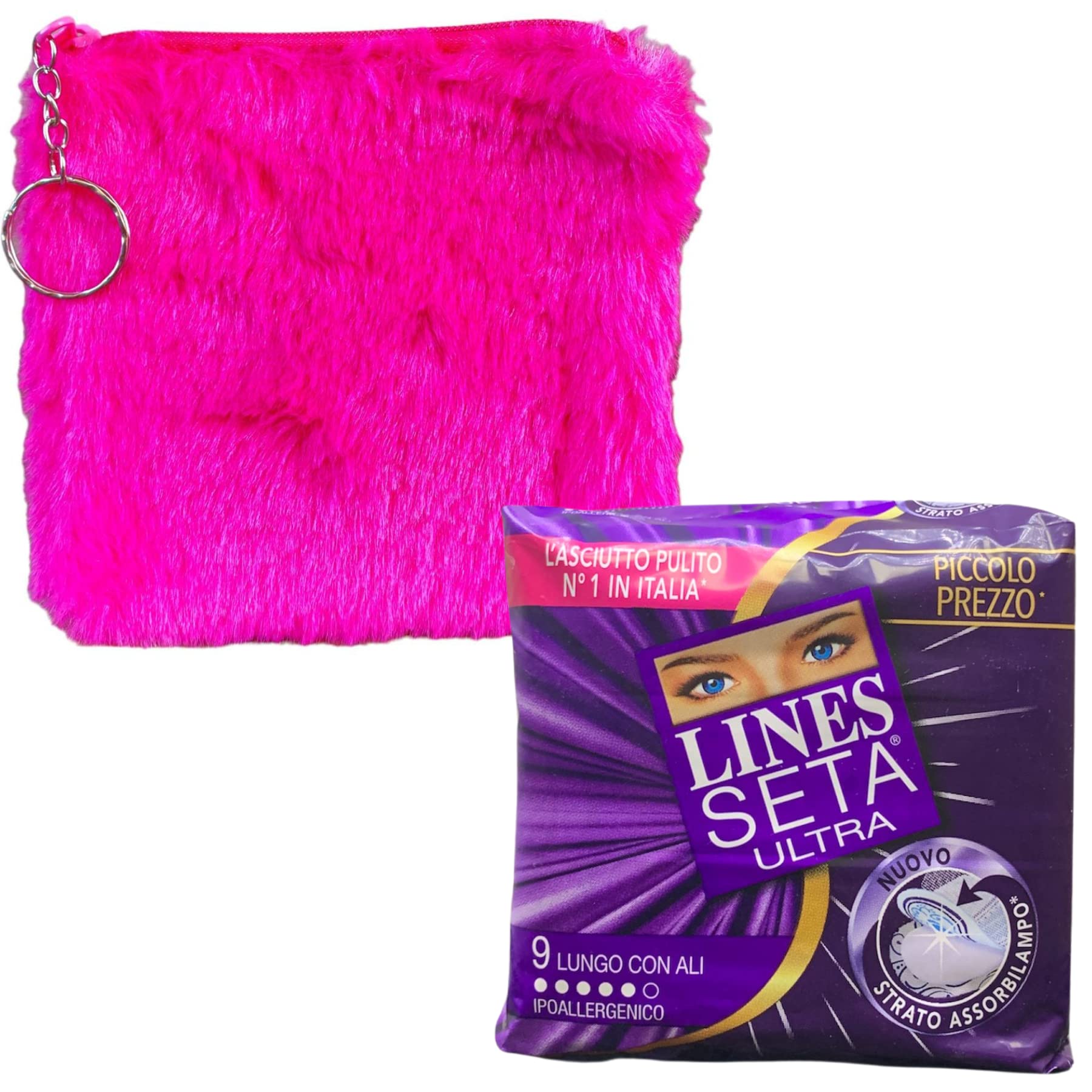 Ultra Long Absorbent Silk Sanitary Pads with Wings x9 - Soft, Dry & Clean Plush Sanitary Towel Holder with Zipper & Ring - Perfect for Travel, Gym or Daily Use - Random Colors (Bag/Keychain Accessory)