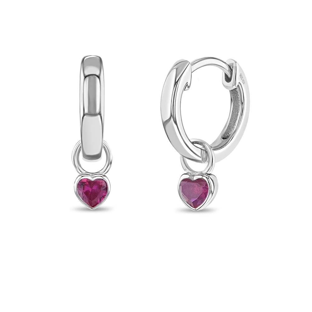 925 Sterling Silver Petite Simulated Birthstone Heart Charm Hoop Earrings for Girls 12mm - Cubic Zirconia Stud Earrings - Dainty Birthstone Jewelry for Teens & Young Women | Perfect for Birthdays, Gifts & Everyday Wear