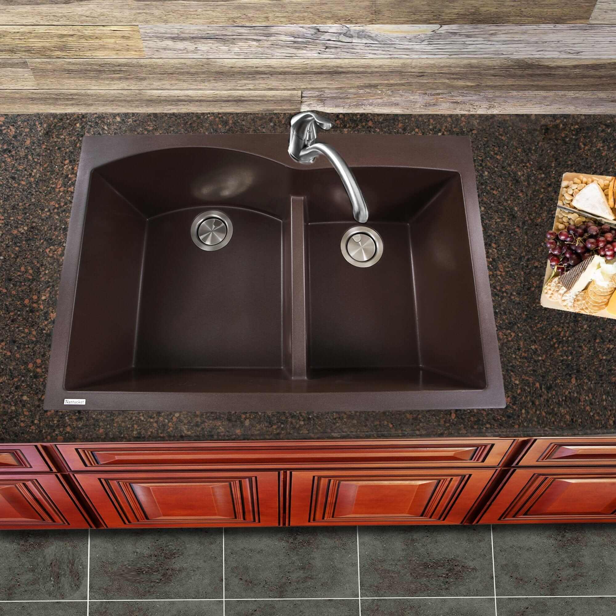 Nantucket 60/40 Double Bowl Granite Composite Kitchen Sink in Brown - PR6040 BR | Durable & Stylish for Modern Farmhouse & Rustic Decor