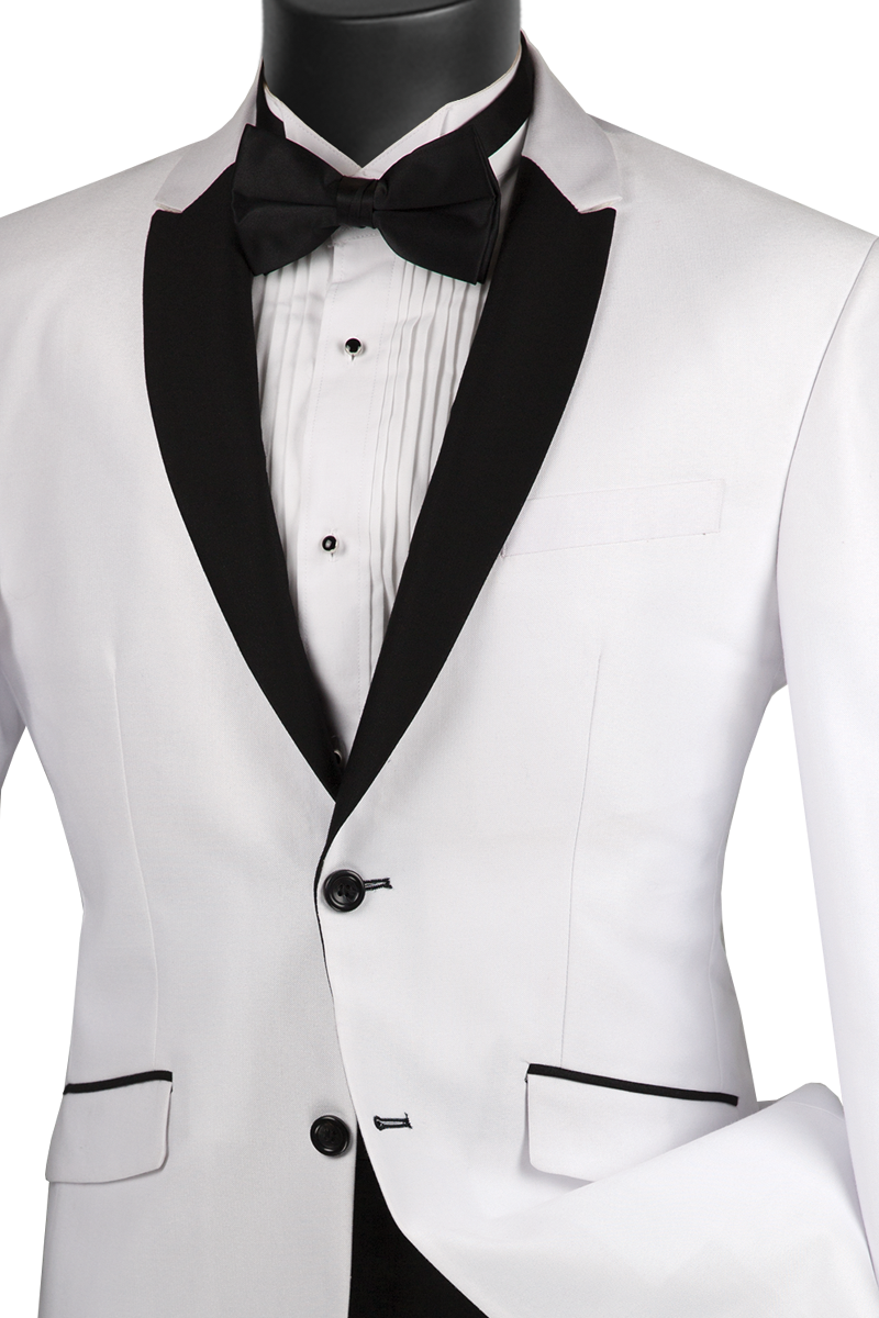 Slim Fit Shiny Sharkskin Men's 2 Piece Suit in White With Black Lapel | Formal Business Attire | Wedding, Prom & Special Occasion Outfit