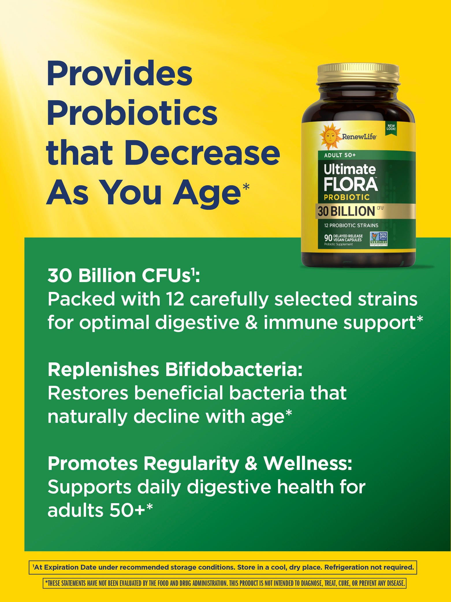 Ultimate Flora 50+ Probiotic 30 Billion CFU - 90 Delayed Release Vegan Capsules for Digestive & Immune Support - Perfect for Adults Over 50 & Gut Health Maintenance