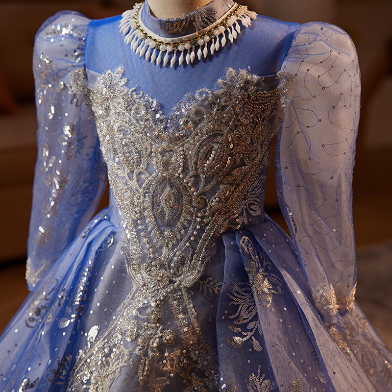 Elegant Blue Embroidered Long Sleeve Evening Dress for Baby Girls - Toddler Pageant Gowns for Special Occasions & Photoshoots