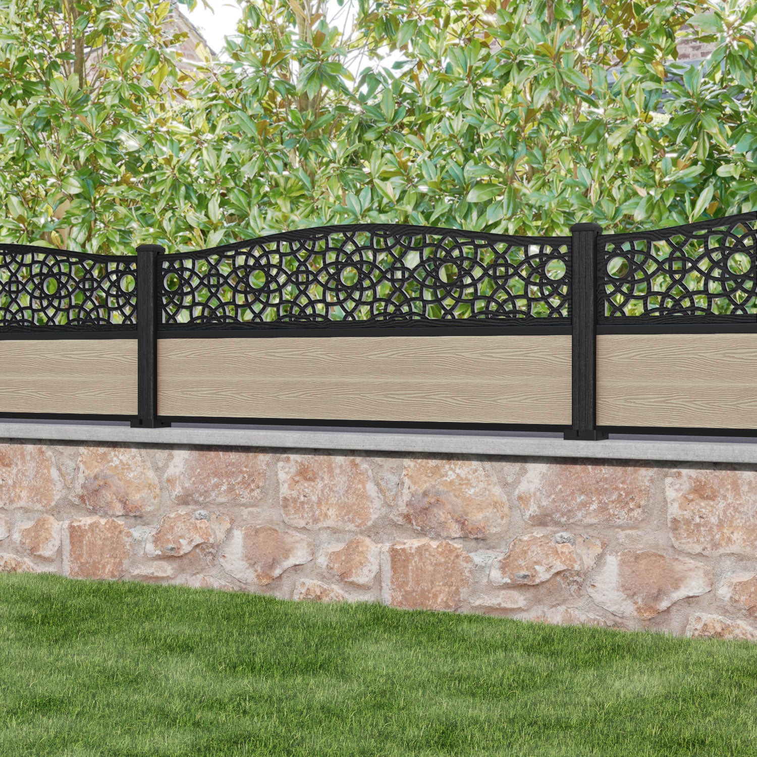 Classic Amber Curved Top Fence Panel - Light Oak Composite Wood Privacy Fencing for Backyard, Garden, and Outdoor Decor