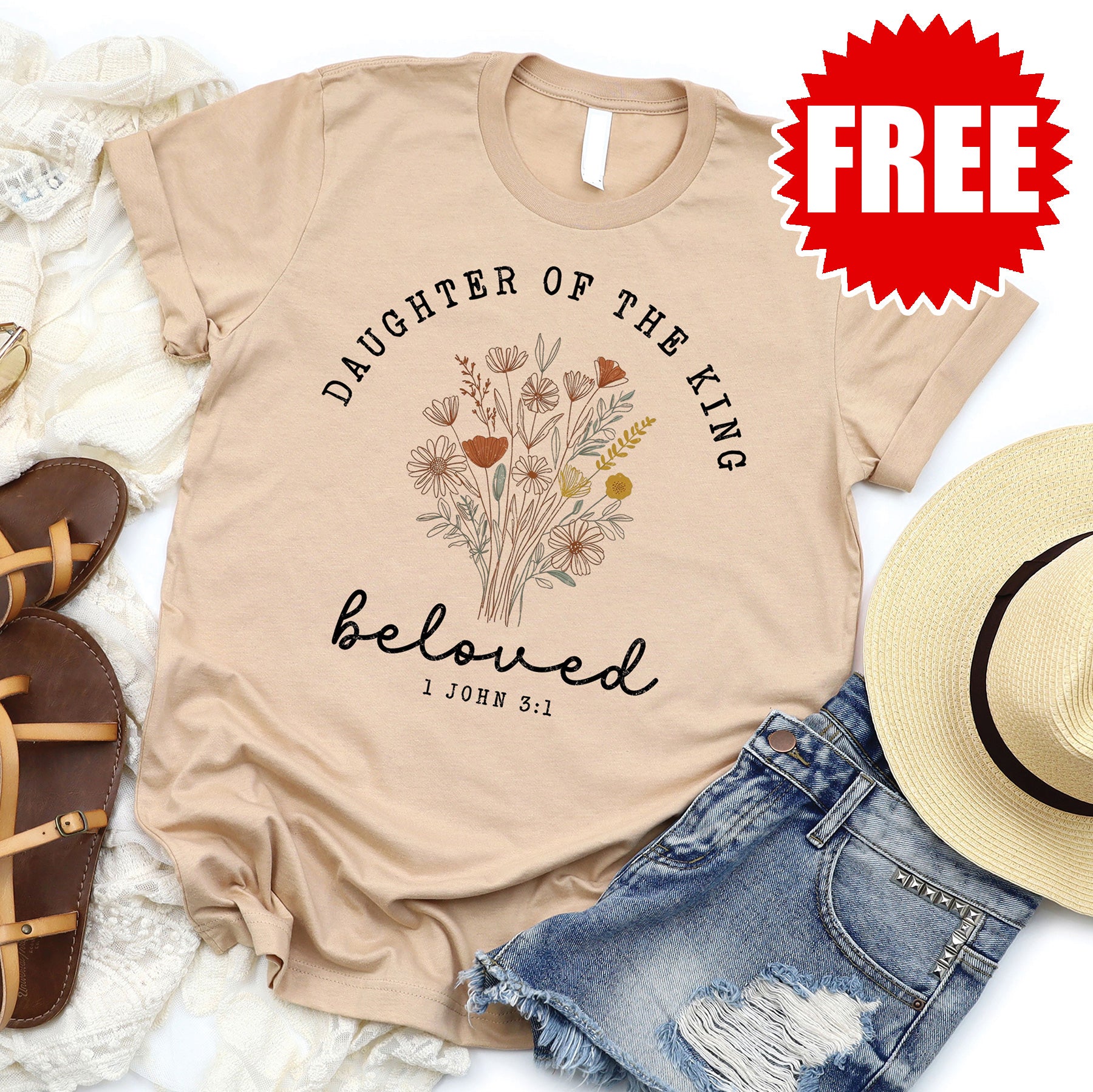 Beloved Daughter Of The King Christian T-Shirt - Heather Sand - Inspirational Faith Apparel for Women - Perfect for Church, Bible Study & Everyday Wear