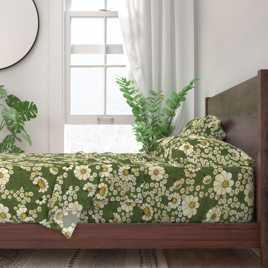 Premium 100% Cotton Twin Sheet Set 3-Piece - Floral Meadow Print in Green for Spring & Summer | Soft Breathable Bedding for Home Decor & Comfort