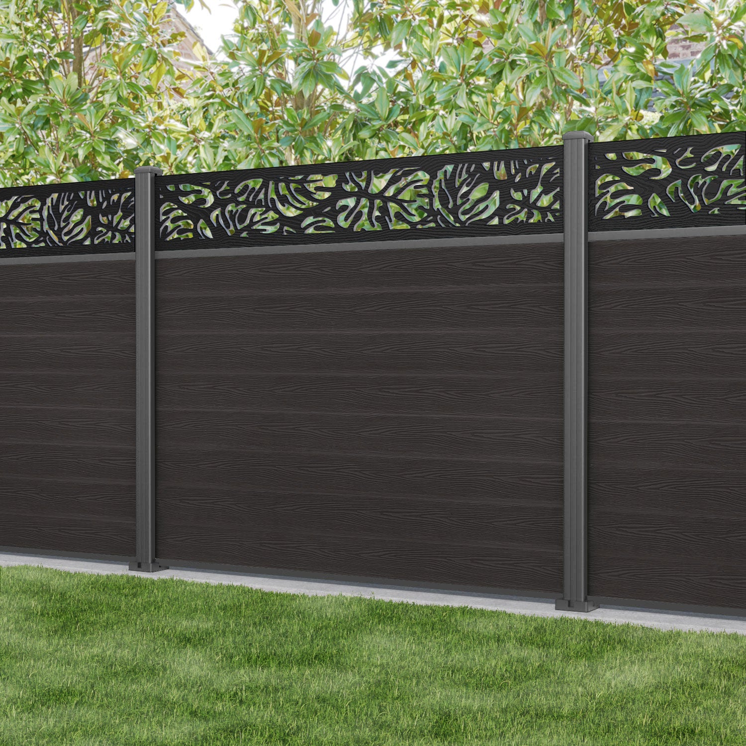 Dark Oak Classic Botanic Fence Panel with Aluminum Posts - Perfect for Garden Privacy, Backyard Landscaping and Outdoor Decor