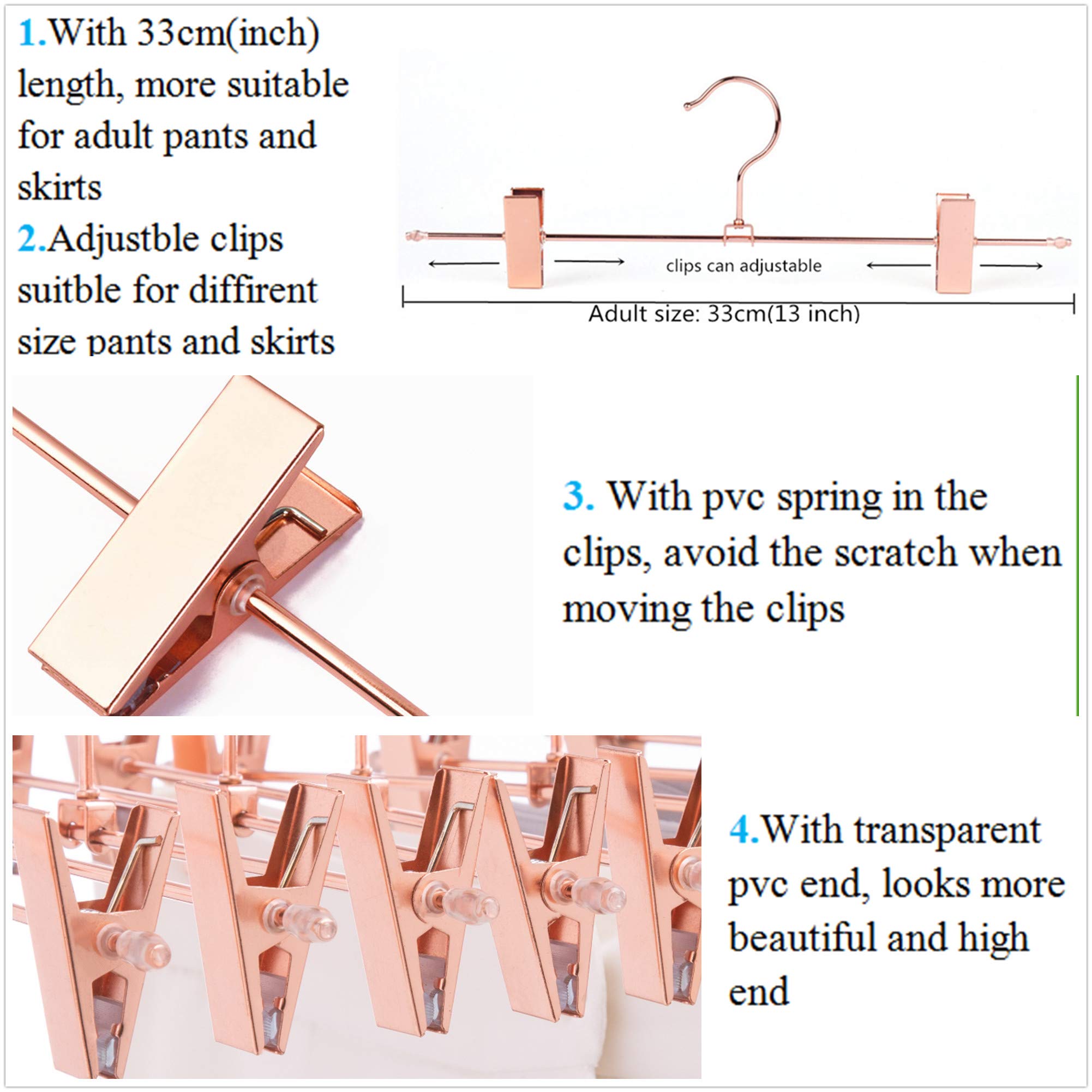 13 Inch Heavy Duty Rose Gold Copper Metal Slack Hanger - Adjustable Pants & Skirt Hanger with Non-Slip Clips (Pack of 10) - Perfect for Closet Organization, Travel & Laundry Room Storage