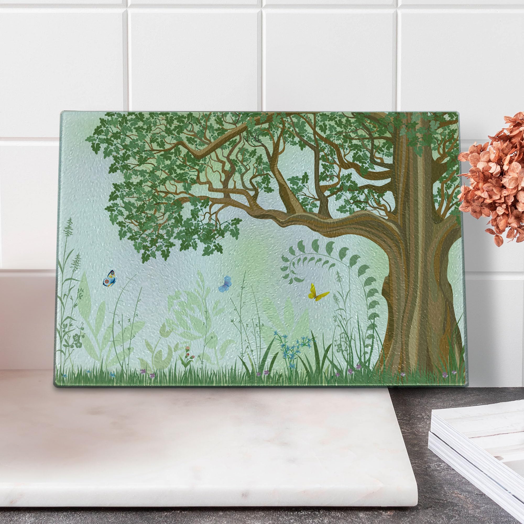 Ambesonne Nature Themed Cutting Board - Spring Summer Tree Grass Butterfly Oil Painting Design, Decorative Tempered Glass Serving Board for Kitchen, Small Size (Green Brown White) - Perfect for Cheese Platters, Charcuterie Displays & Wall Art Decor