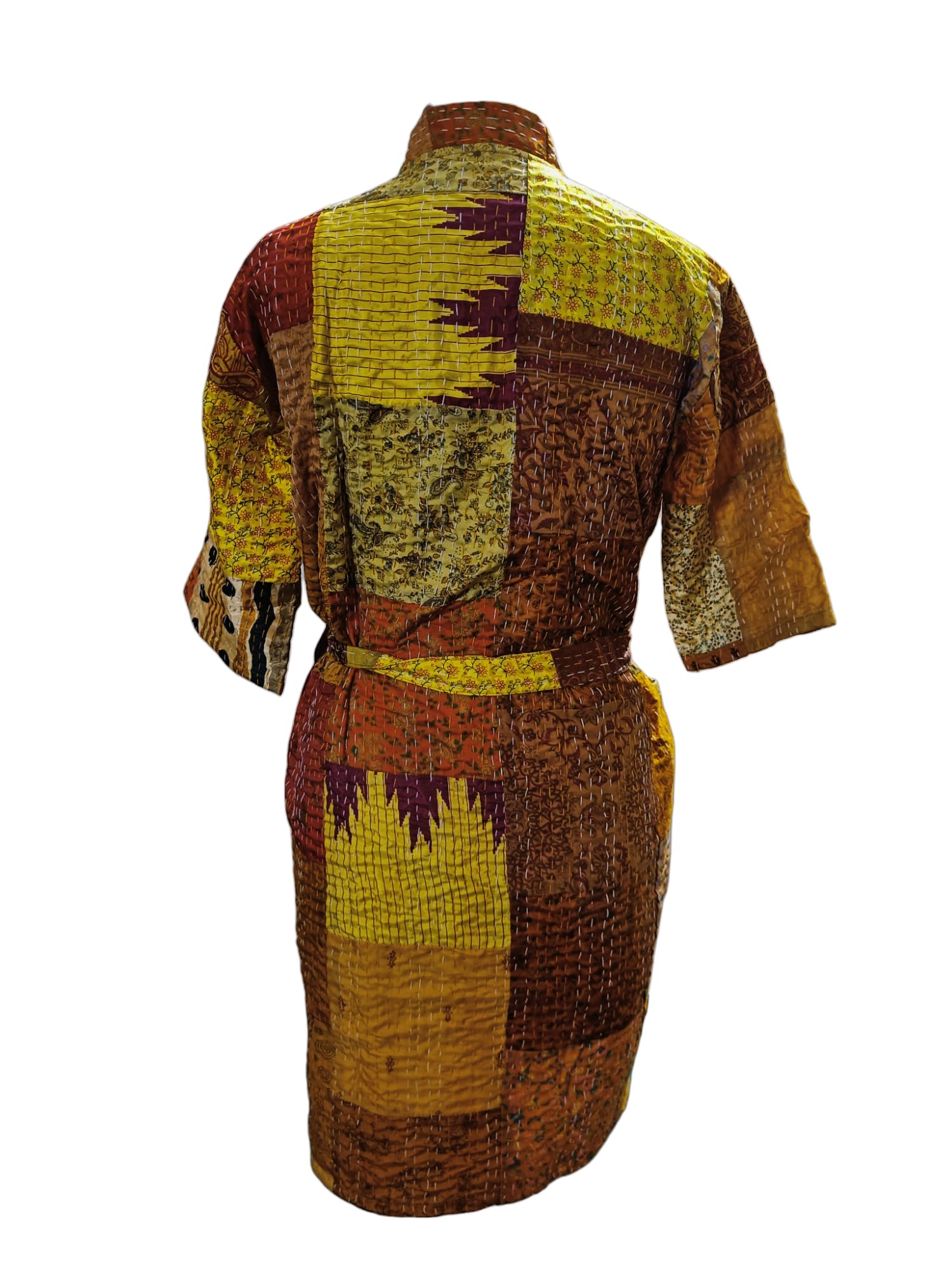 Rajbhoomi Women's Handmade Silk Patola Kantha Quilted Kimono Robe - Elegant Patchwork Overcoat Jacket for Lounge Wear & Special Occasions