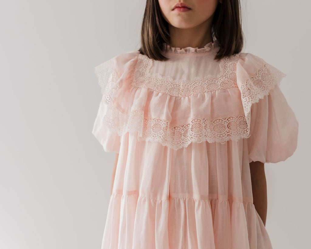 Petite Amalie Short Sleeve Poppy Lace Trim Soft Peach Dress - Perfect for Spring Weddings & Garden Parties