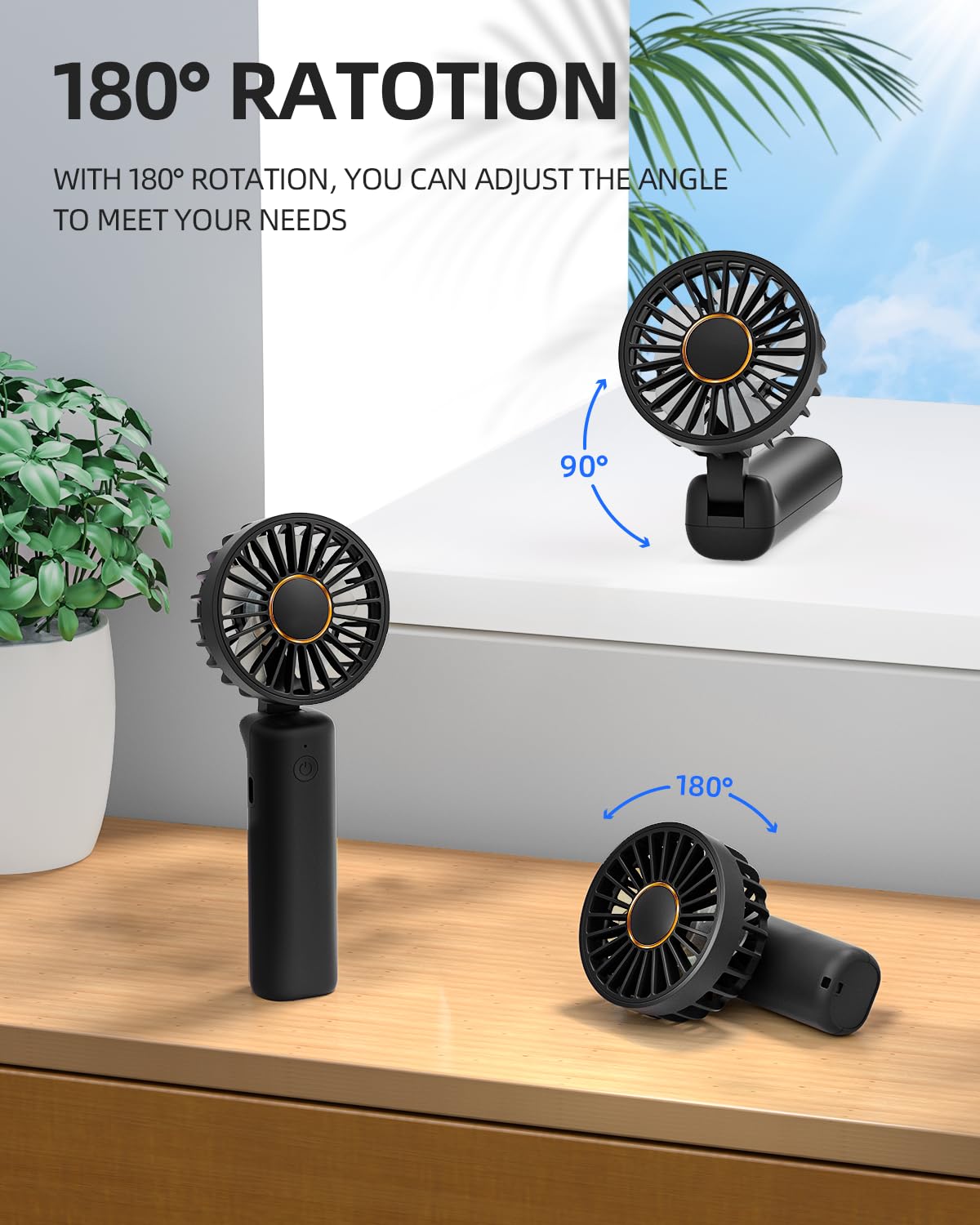FrSara Portable Handheld Fan with 2000mAh Battery - Neck Fan, Mini Desk Fan, 3-Speed Adjustable, Ultra Quiet USB Rechargeable Personal Cooling Fan (Black) - Perfect for Office, Travel, Outdoor Activities & Phone Charging