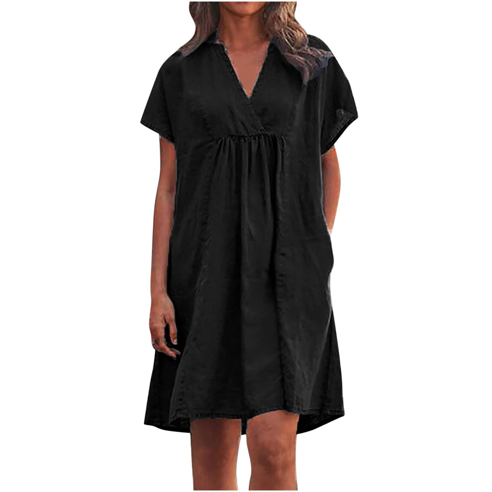 Women's V-Neck Wrap Casual Dress Plus Size Short Sleeve Pleated Midi Dress - Linen Summer Shirt Dress for Beach, Office & Date Night Outfits