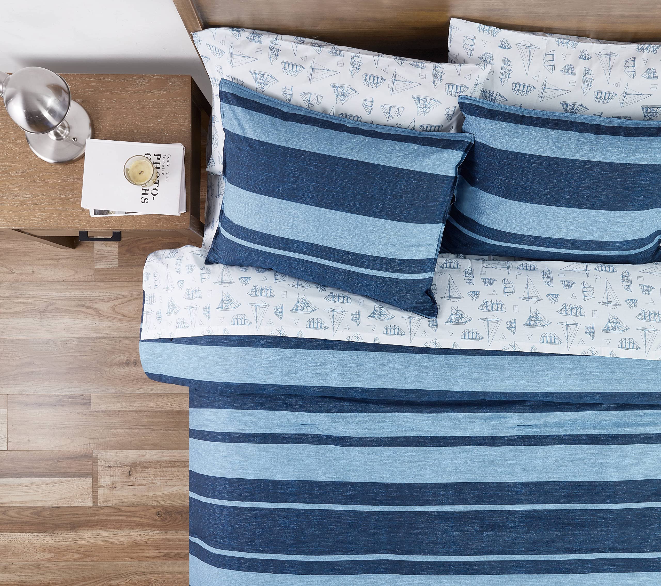 Nautica Queen Comforter Set - 100% Cotton Reversible Bedding with Matching Shams | Stylish Navy Blue Home Decor for Master Bedroom | Cozy & Breathable All-Season Bedding Set (Longpoint Blue, Queen Size)