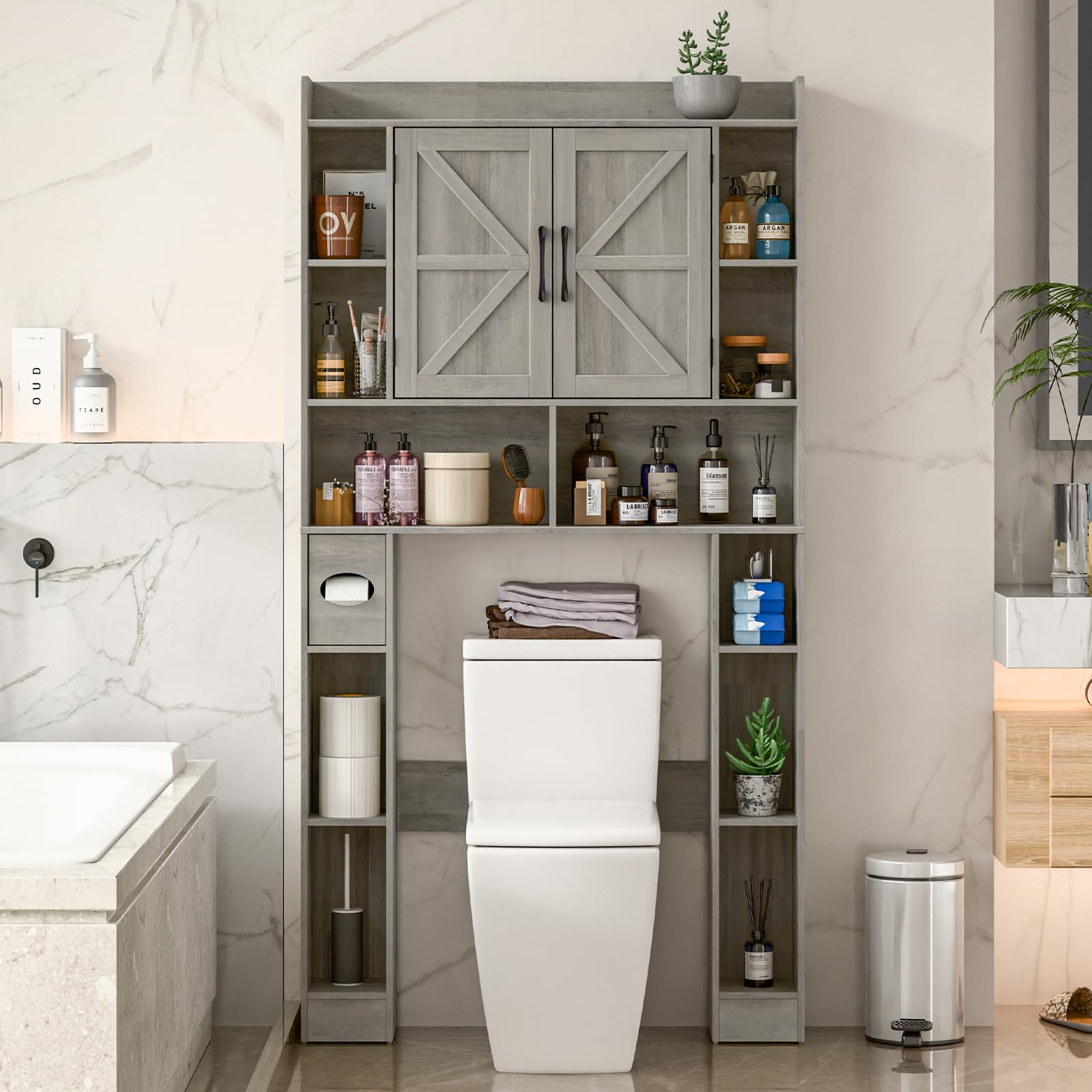 Farmhouse Style Over The Toilet Storage Cabinet with Barn Doors - Space Saving Bathroom Organizer for Toiletries, Towels & Laundry (Perfect for Small Bathrooms, Powder Rooms & Apartment Living)