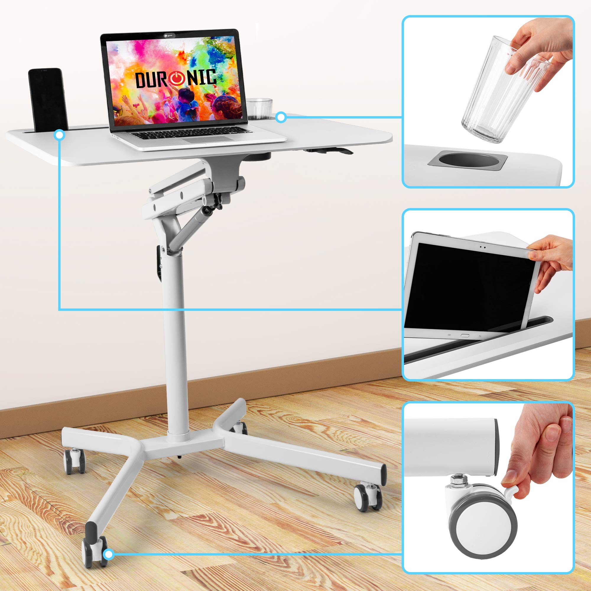 Duronic WPS57 Adjustable Height Sit Stand Desk - White Ergonomic Workstation with Tablet Holder & Cup Holder, Mobile Rolling Cart, 27.5