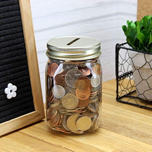 4 Pack Clear Plastic Mason Jar Coin Banks - 16oz Small Coin Jars with Gold Slotted Lids for Saving Money - Perfect for Kids Piggy Banks, Home Office Change Storage & DIY Craft Projects