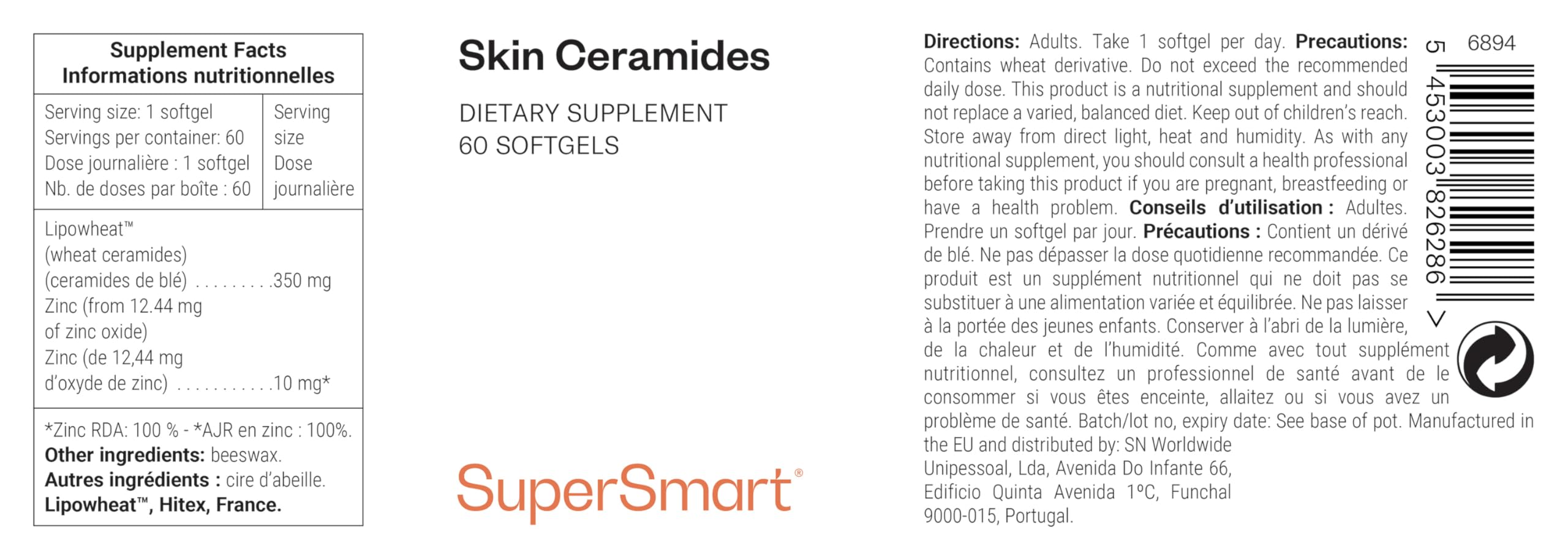 Supersmart Skin Ceramides with Zinc - Hydration & Protection Supplement | 60 Softgels for Dry Skin Care